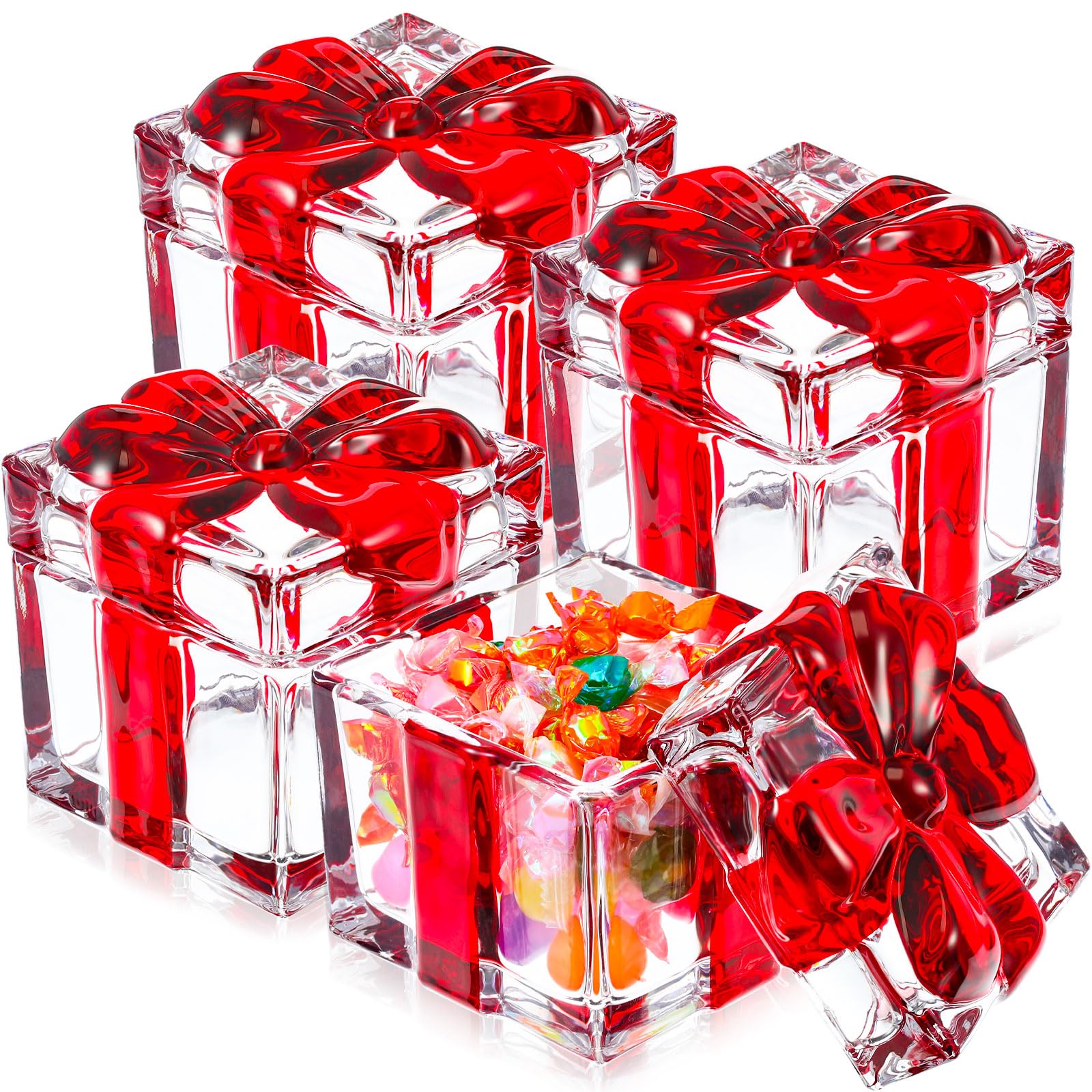 Suttmin 4 Pcs Christmas Candy Dish Bowl With Lids, Square Crystal Glass Box Jar Retro Sugar Bowl For Wedding Desk Candy Cookies Birthday Valentine's Day Party(Red)