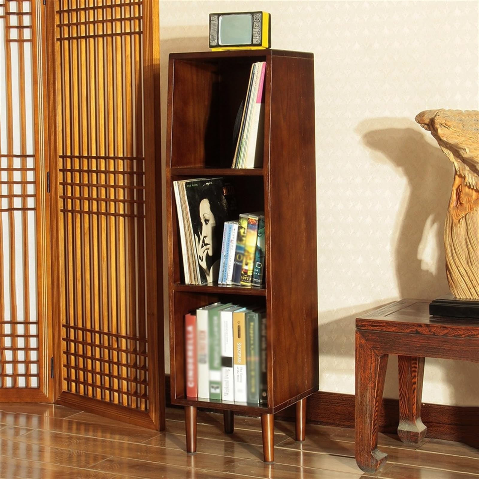Rack per dischi Archiviazione for album di dischi in vinile a 3 livelli, custodia for libri da pavimento in legno massello Armadietto for CD con gambe, for soggiorno, camera letto, ufficio