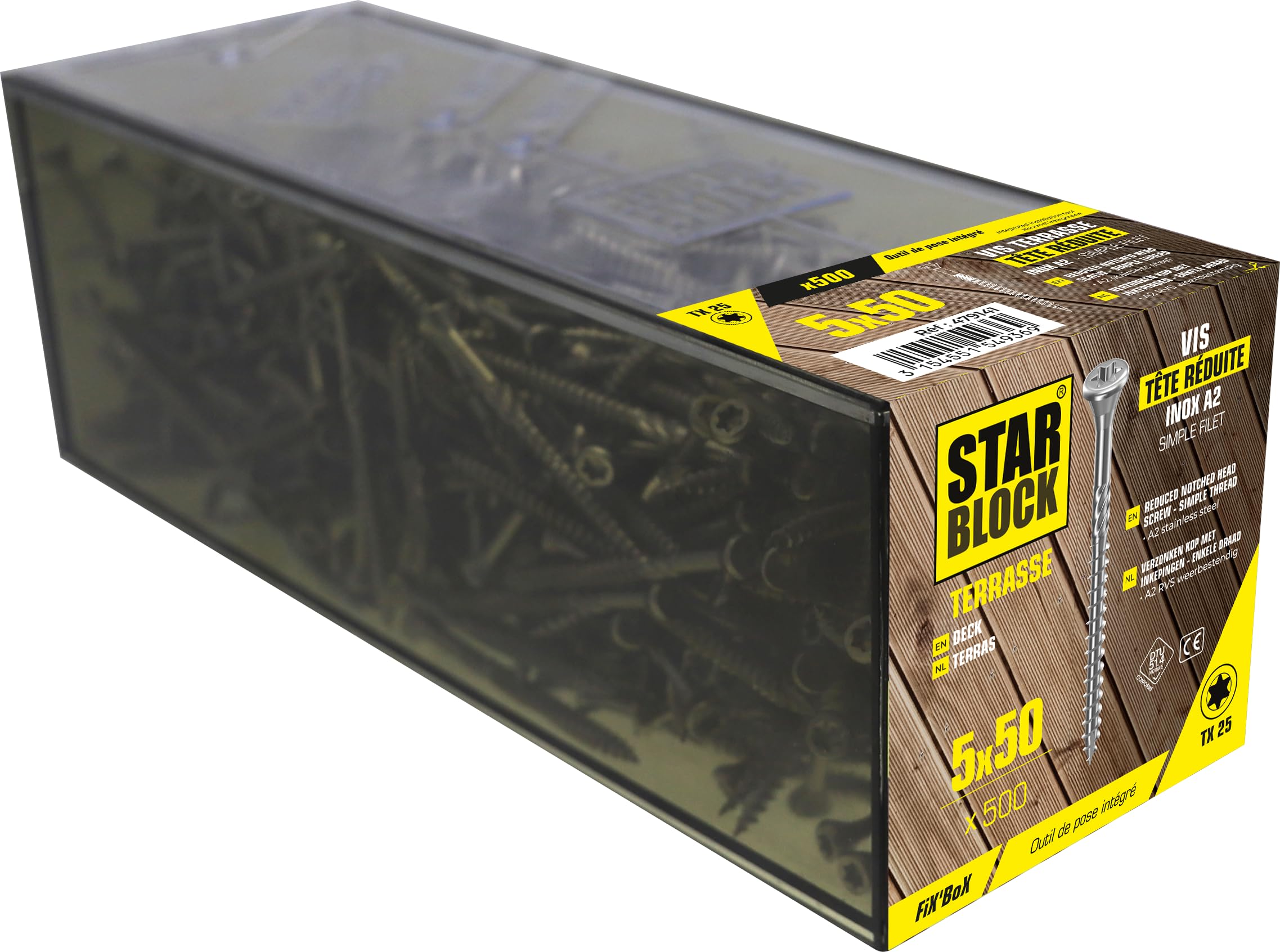 STARBLOCK - Tornillo para terraza, 5 x 50, acero inoxidable A2, cabeza reducida, Huella Torx, punta con muesca, FixBox de 500
