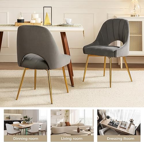 Miniatura 7 de HULALA HOME Juego de 2 sillas de comedor, sillas de cocina de terciopelo con patas de metal dorado, sillas sin reposabrazos acolchadas suaves con