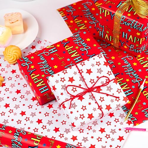 Miniatura 5 de WRAPAHOLIC Papel de regalo reversible de cumpleaños, mini rollo, 17 pulgadas x 33 pies, diseño de letras rojas de feliz cumpleaños para cumpleaños,