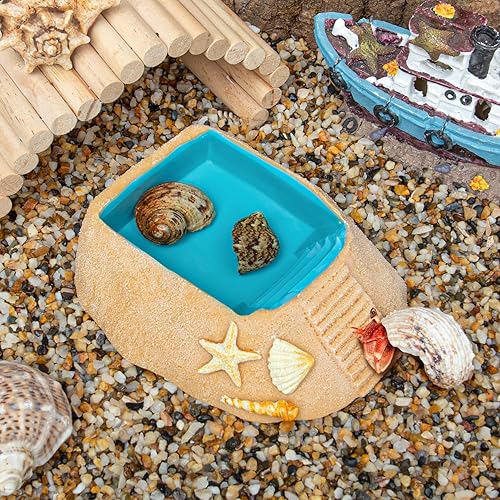 REPTIZOO Hermit Crab Water Bowl with Climbing Ramp, Resin Hermit Crab Water Food Dish and Bathing Pool Beach Style Reptile Ramp Bow Basking Platform for Turtles, Lizard, Frog, Gecko