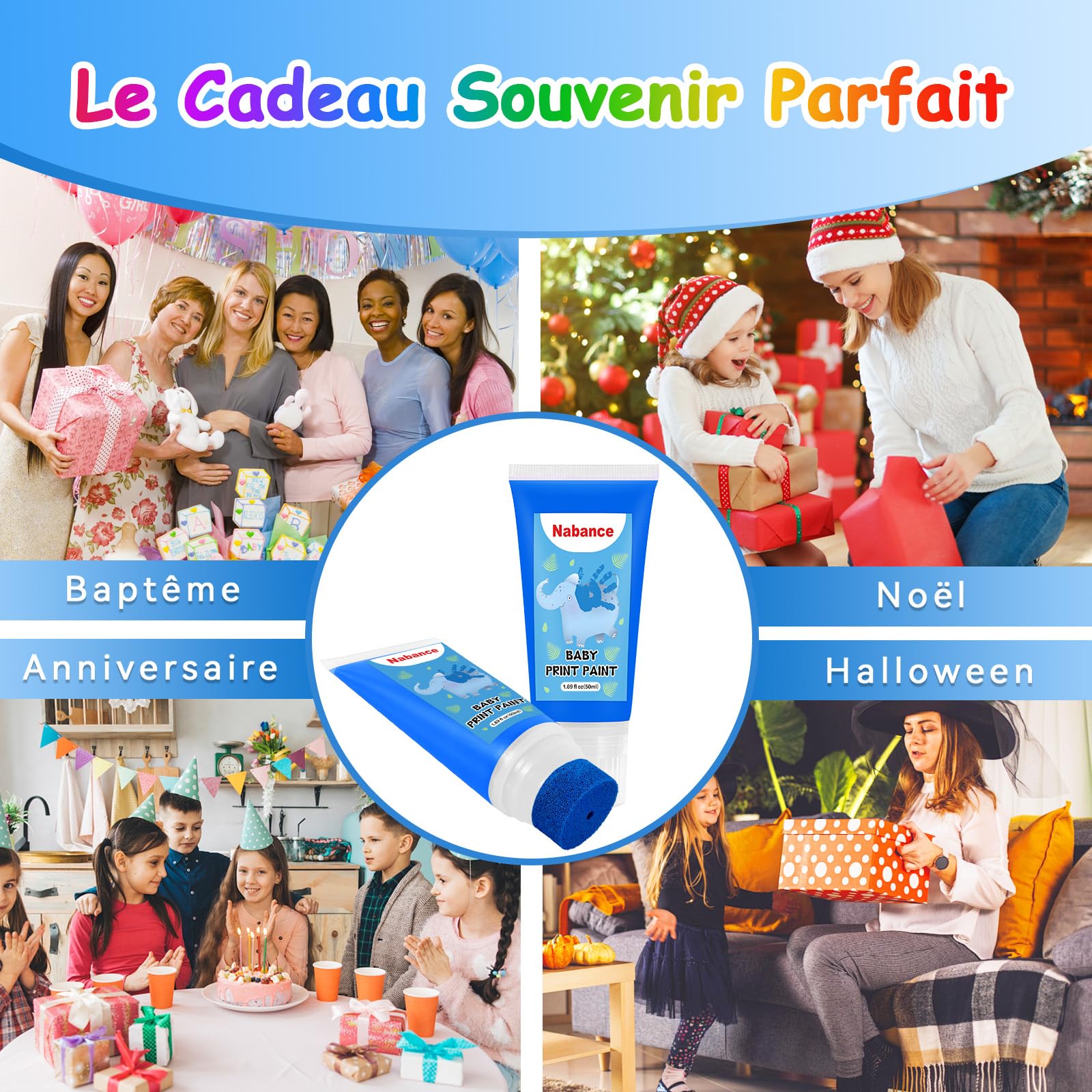 Nabance Kit Empreinte Bebe Avec Attachement Éponge, Encre pour Empreinte Bebe Non Toxique et Lavable, Cadeau Naissance, Souvenir Bébé à Créer, Les Bricolages Familiaux, Cadeau de Noël - Bleu