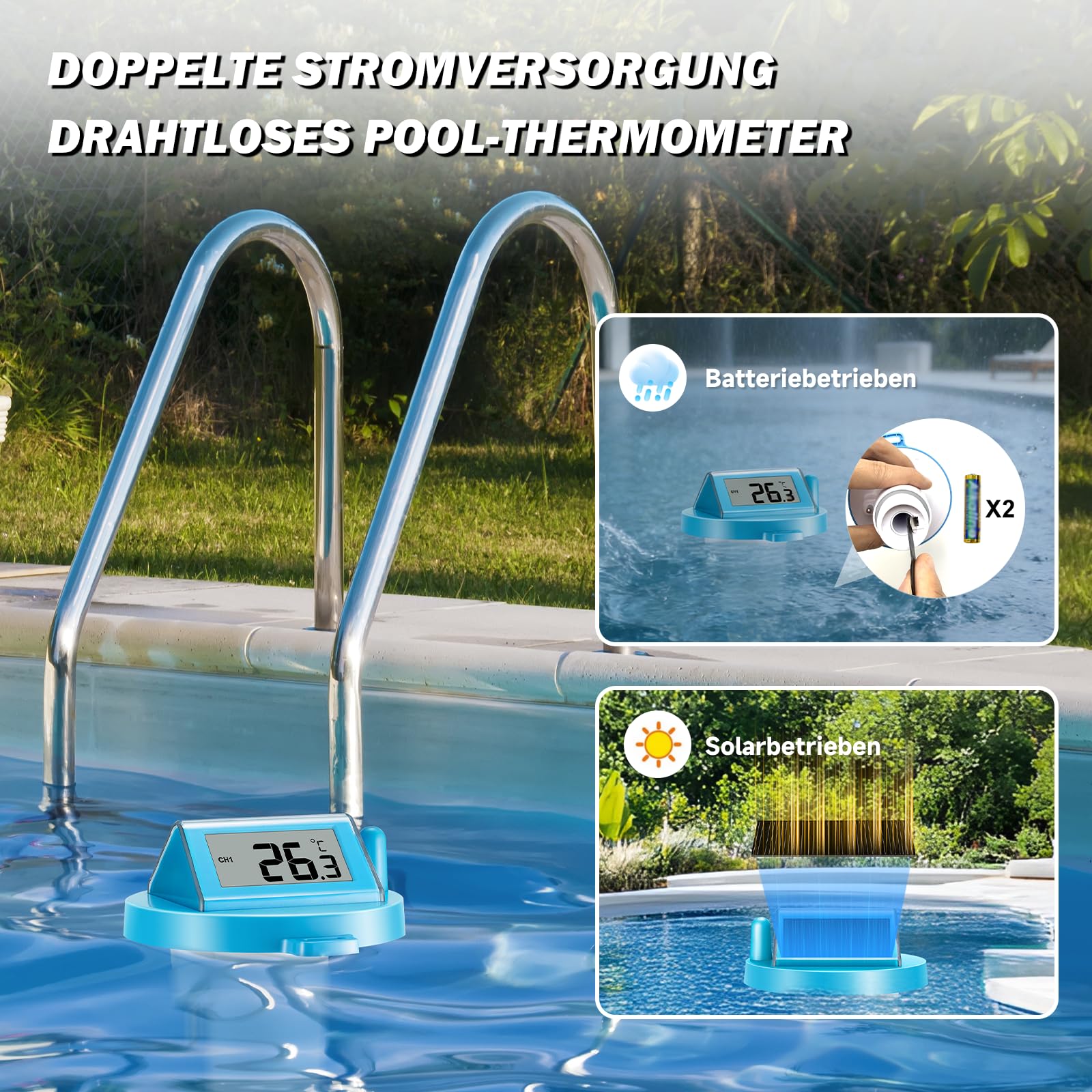 TEOV Funk Pool Thermometer mit LCD-Anzeige, IP68 Wasserdicht Digitales Poolthermometer, 70m Übertragungsreichweite, für Schwimmbäder Aquarium Badewannen Teich