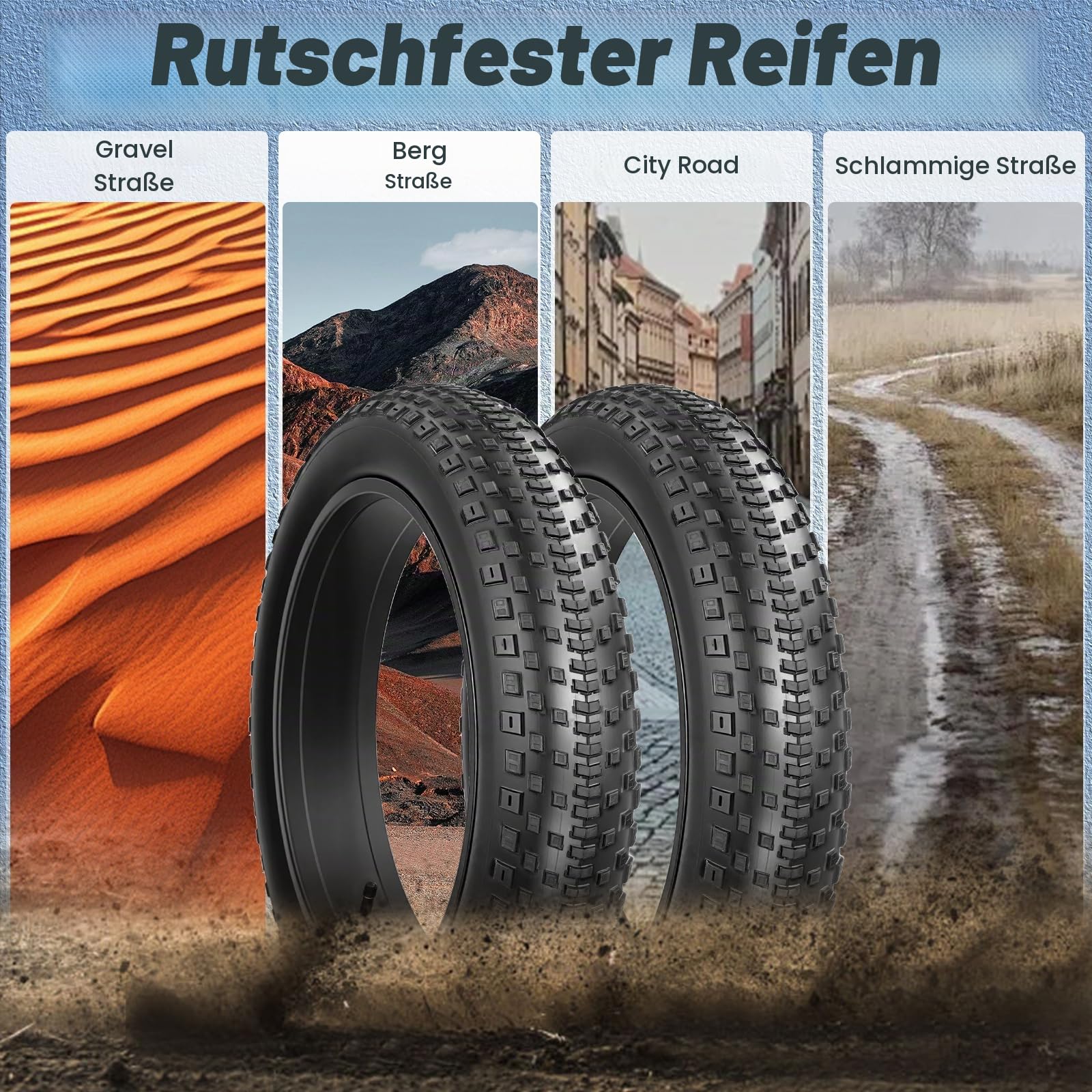 20x4.0（98-406） E-Bike Reifen | 20x4.0 Zoll, E-Bike-geeignet, verstärkte Karkasse, gute Traktion, passend für Fatbike & MTB, inkl. 2 Reifenheber