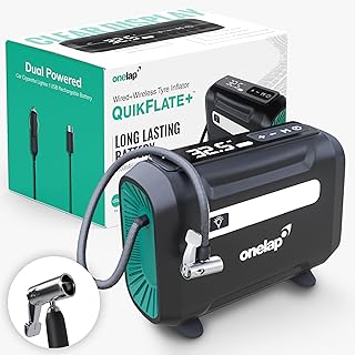 Onelap Quikflate Plus - Wired + Wireless (Real 7800 mAh Battery) SuperFast Digital Tyre Inflator with inbuilt Pressure Gauge for Cars, SUV, Bikes, Cycle, Balls, Balloons