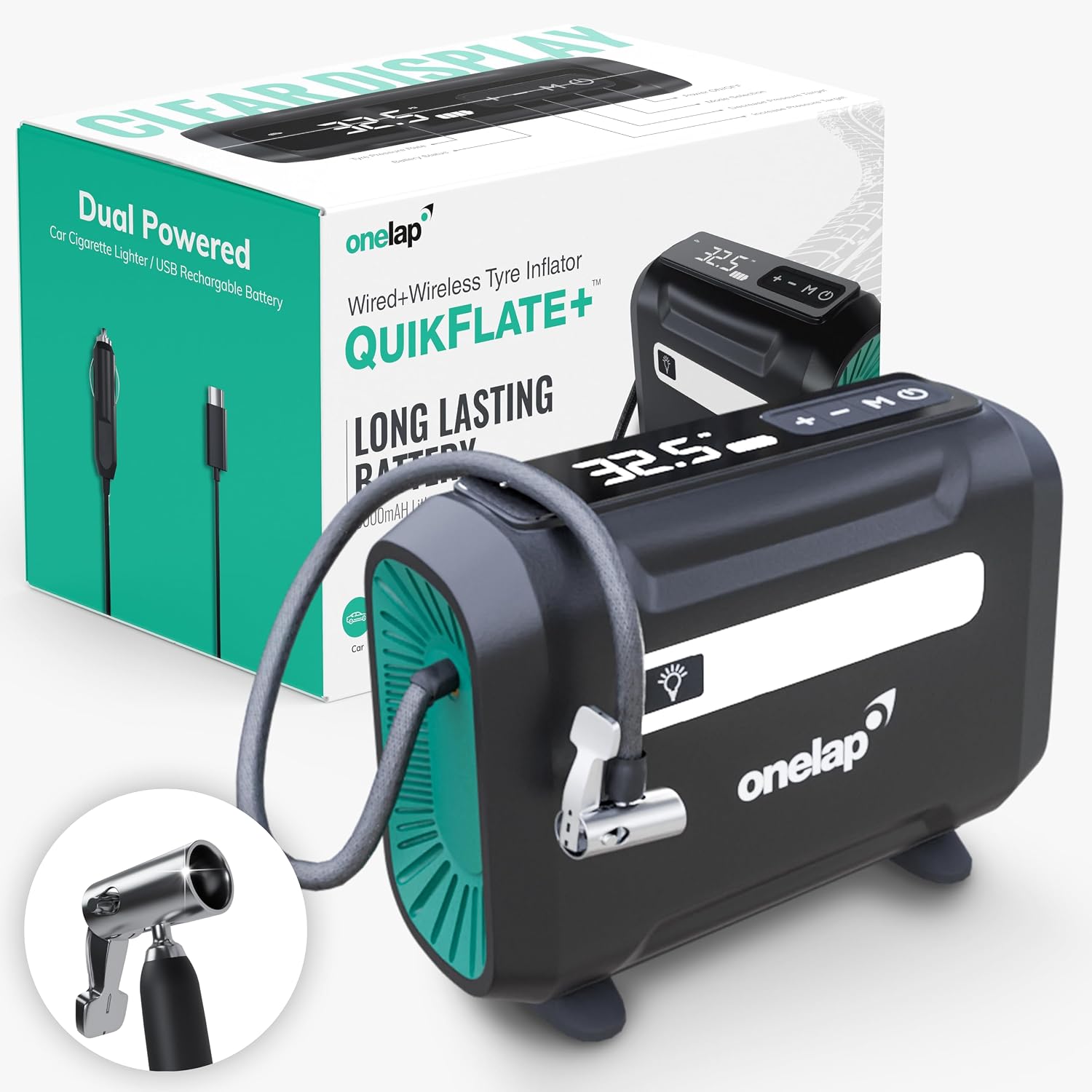 Onelap Quikflate Plus™ - Wired + Wireless (Real 7800 mAh Battery) SuperFast Digital Tyre Inflator with inbuilt Pressure Ga...