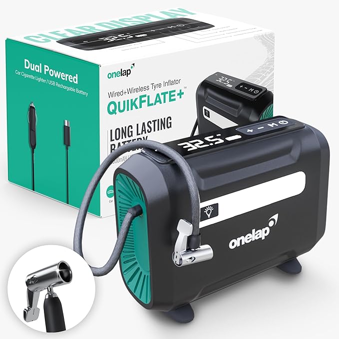 Onelap Quikflate Plus™ - Wired + Wireless (Real 7800 mAh Battery) SuperFast Digital Tyre Inflator with inbuilt Pressure Gauge for Cars, SUV, Bikes, Cycle, Balls, Balloons