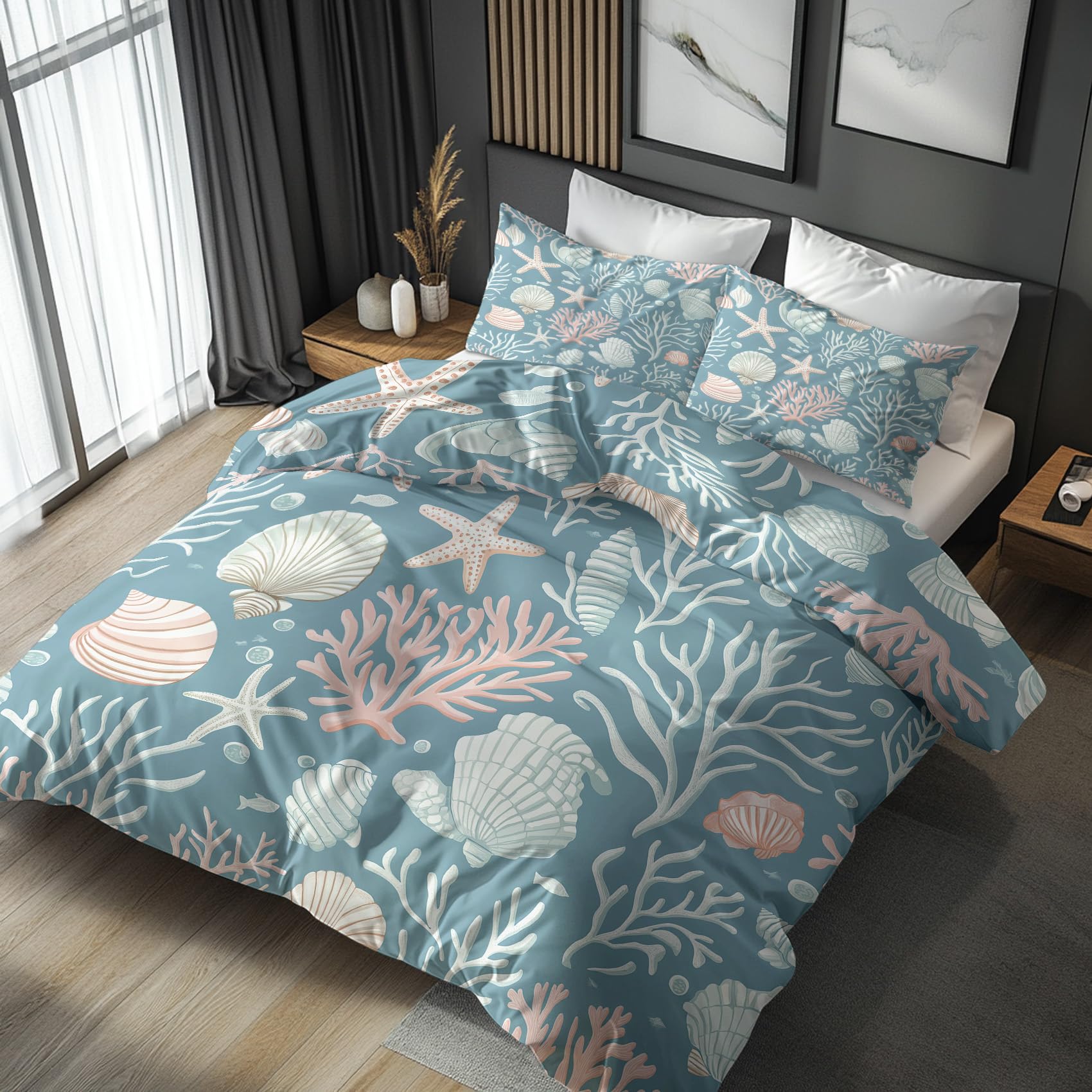 NOGAWA Coastal Bedding Double - Starfish Shell Coral Double Duvet Set - Reversible Quilt Cover & 2 Pillowcases with Zip and Ties, Ultra Soft and Non Iron Brushed Microfibre Bed Set