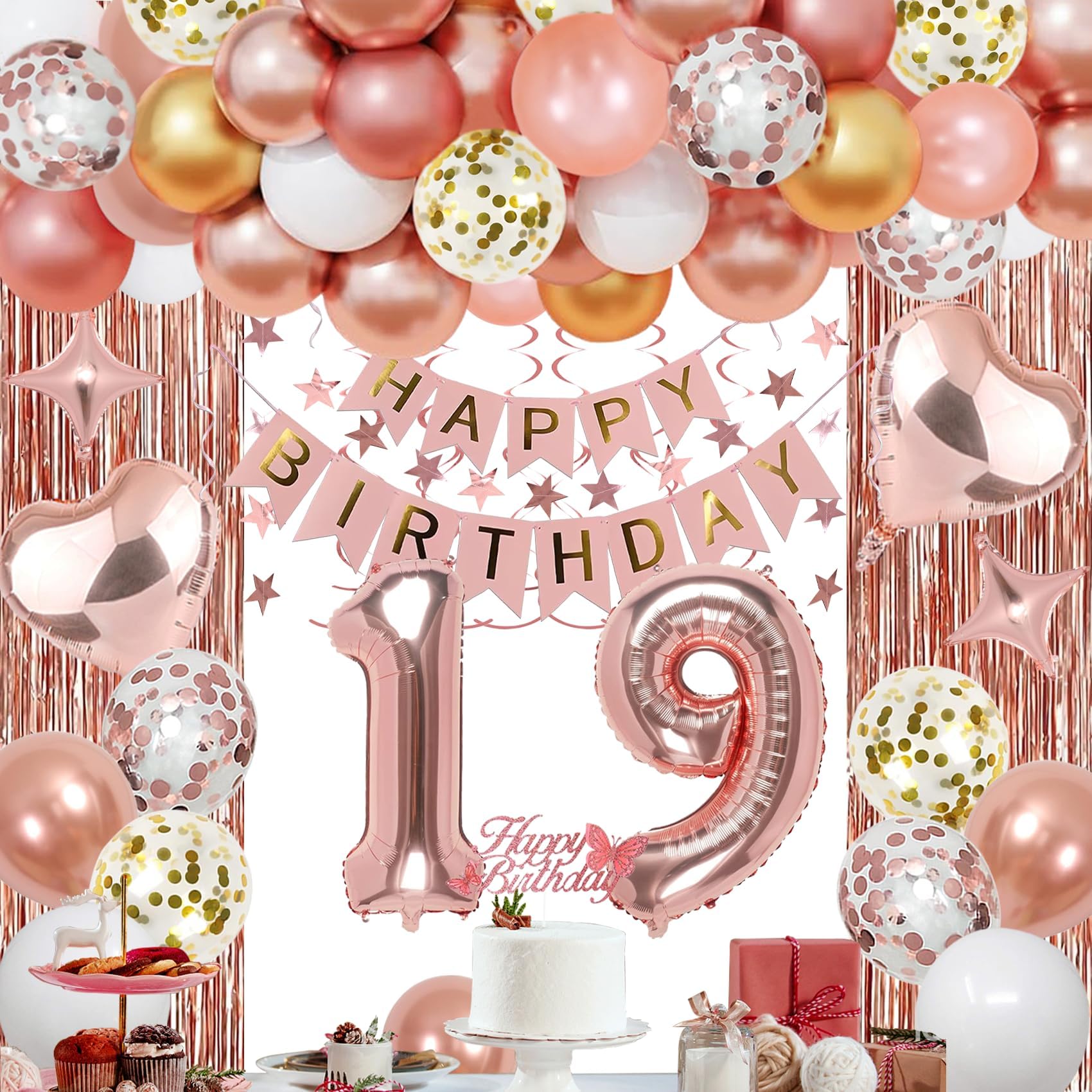 NANINUNENO 19th Rose Gold Birthday Party Decorations for Women, Rose Gold Happy Birthday Banner, Fringe Curtains, Heart Foil Balloons, Confetti