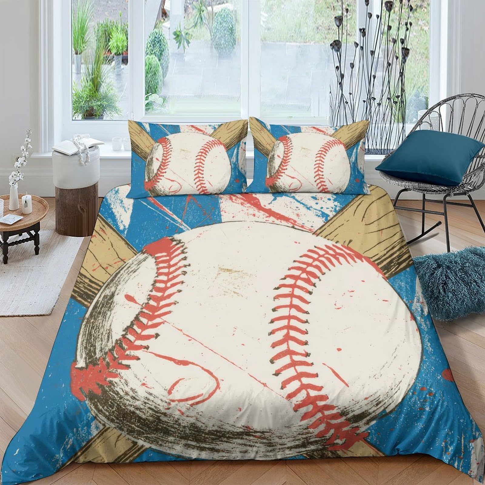 Ctjqhvkz Style-1 3D Printed Baseball Bat Fitted Sheet Microfiber Soft Blue Red Baseball Ball Mattress Cover For Bedroom Dorm Decor Single（135X200cm）