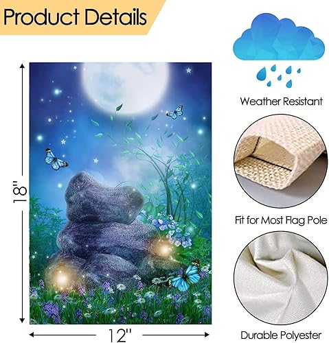 Miniatura 3 de Paisaje de fantasía con piedras, lámparas, flores, árboles, luna y mariposas, bandera de jardín de 12 x 18 pulgadas, pequeña vertical de doble cara,