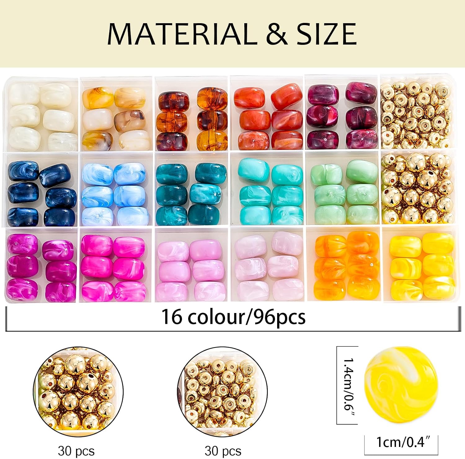 96Pcs Acrylic Focal Beads for Pens 16 Color Chunky Bubblegum Beads Kit with Gold Spacer Beads, 14mm Large Round Beads for Keychains, Bracelets, Jewelry Making DIY Crafts