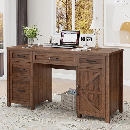 Escritorio ejecutivo Farmhouse de 61 pulgadas con 5 cajones, escritorio de oficina rústico para computadora con estación de carga, cajones de