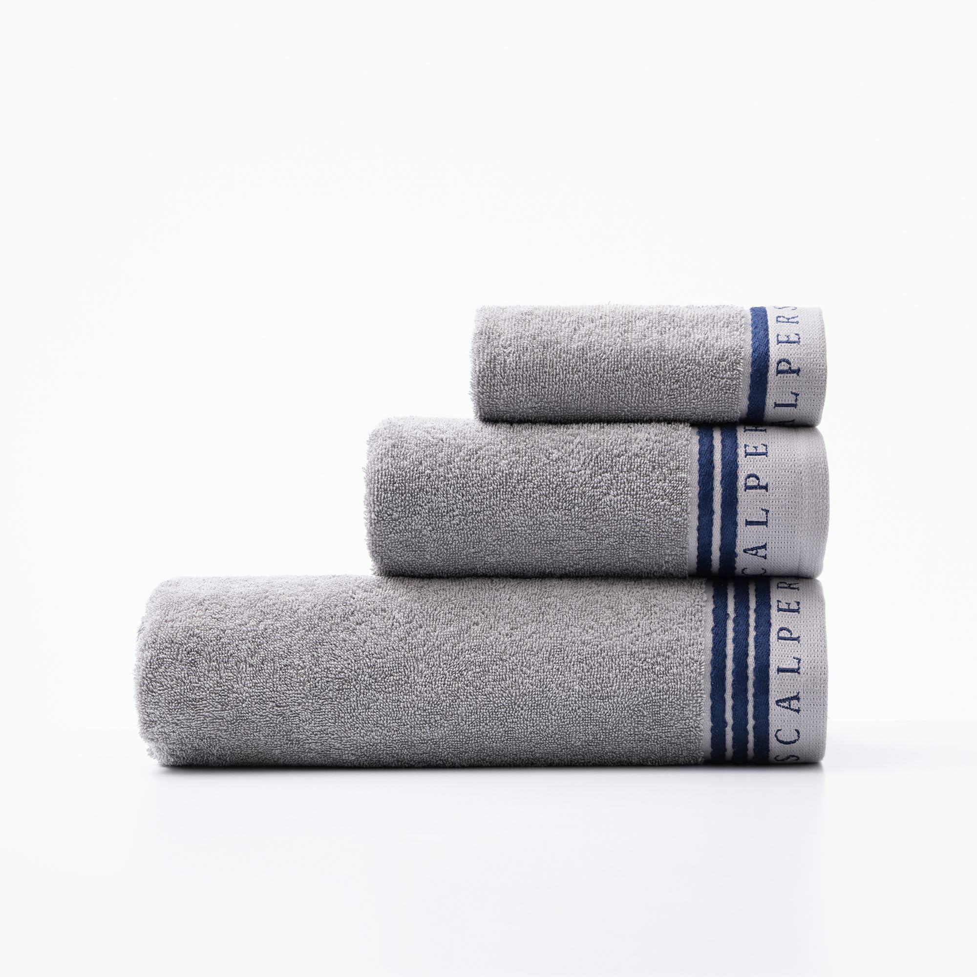 Scalpers Set Toallas baño (tocador 30x50cm + Manos 50x90cm + baño 70x140cm) 450GSM en algodón Gris con Azul Home