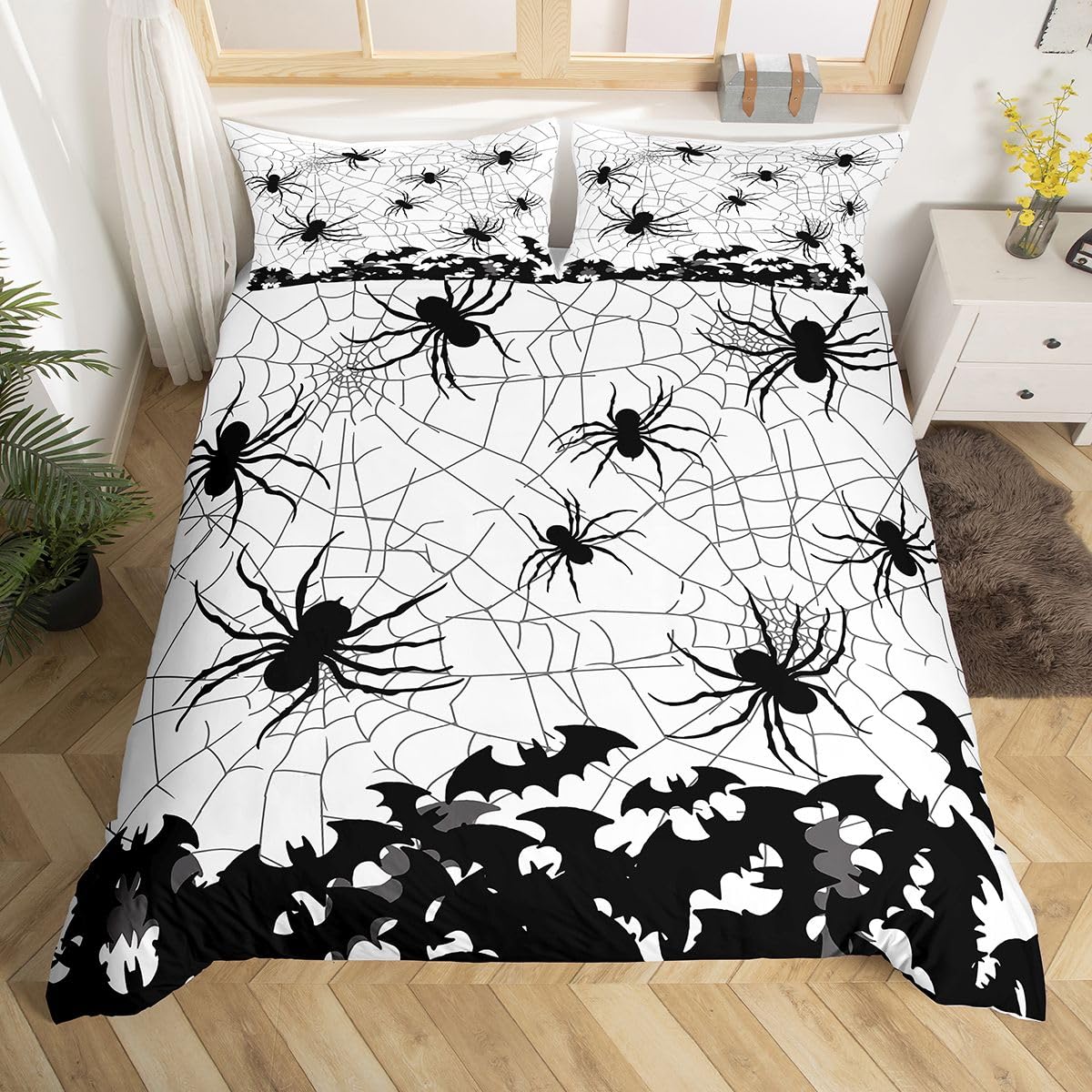 Homemissing Spider Duvet Cover Set Halloween Bedding Set for Kids Boys Girls Bat Comforter Cover Set Microfiber Spider Web Black White Bedspread Cover Bedroom Bedclothes Double
