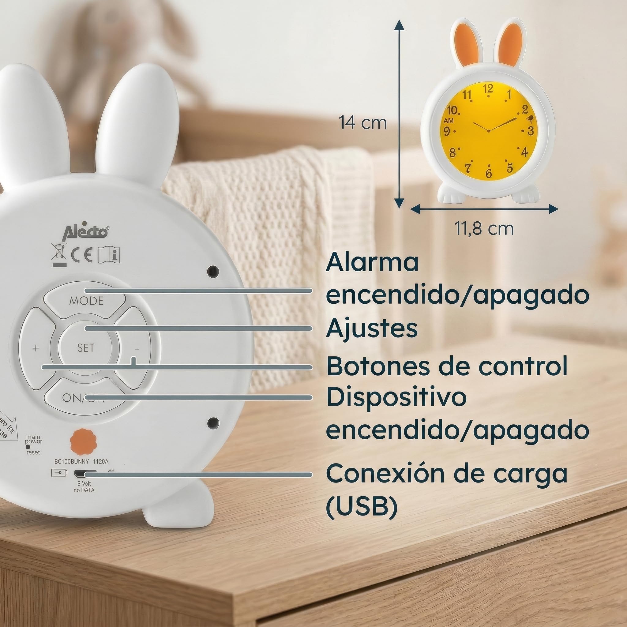 Alecto BC100BUNNY - Reloj Despertador Educativo con Alarma/luz Nocturna - Blanco