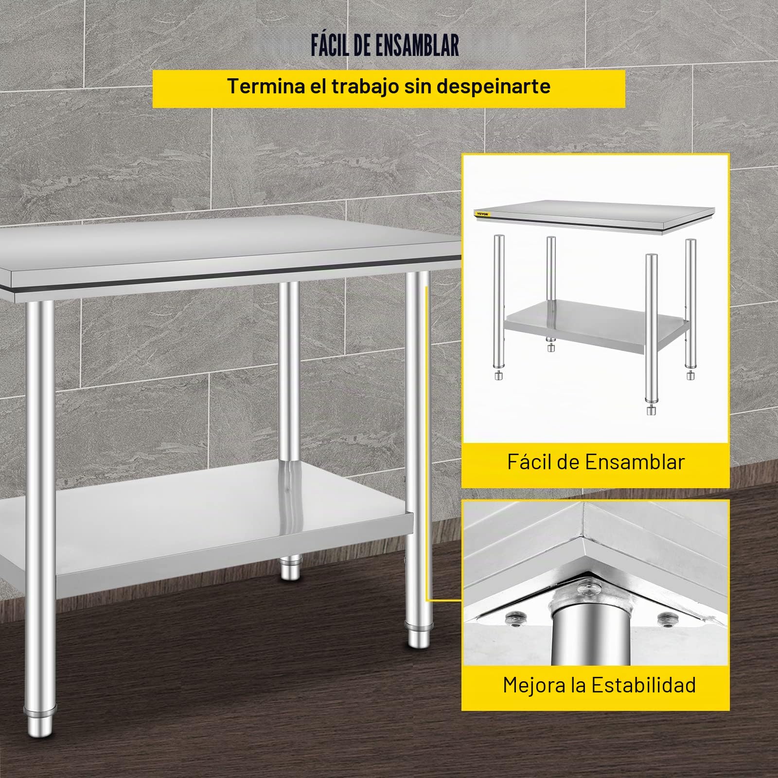 VEVOR Mesa de Trabajo Cocina INOX, Encimera de Trabajo Cocina en 2 Plantas, Mesa de Trabajo de Acero Inoxidable para Preparación de Cocina de Alimentos de Comidas Hoteles Oficinas Hospitales