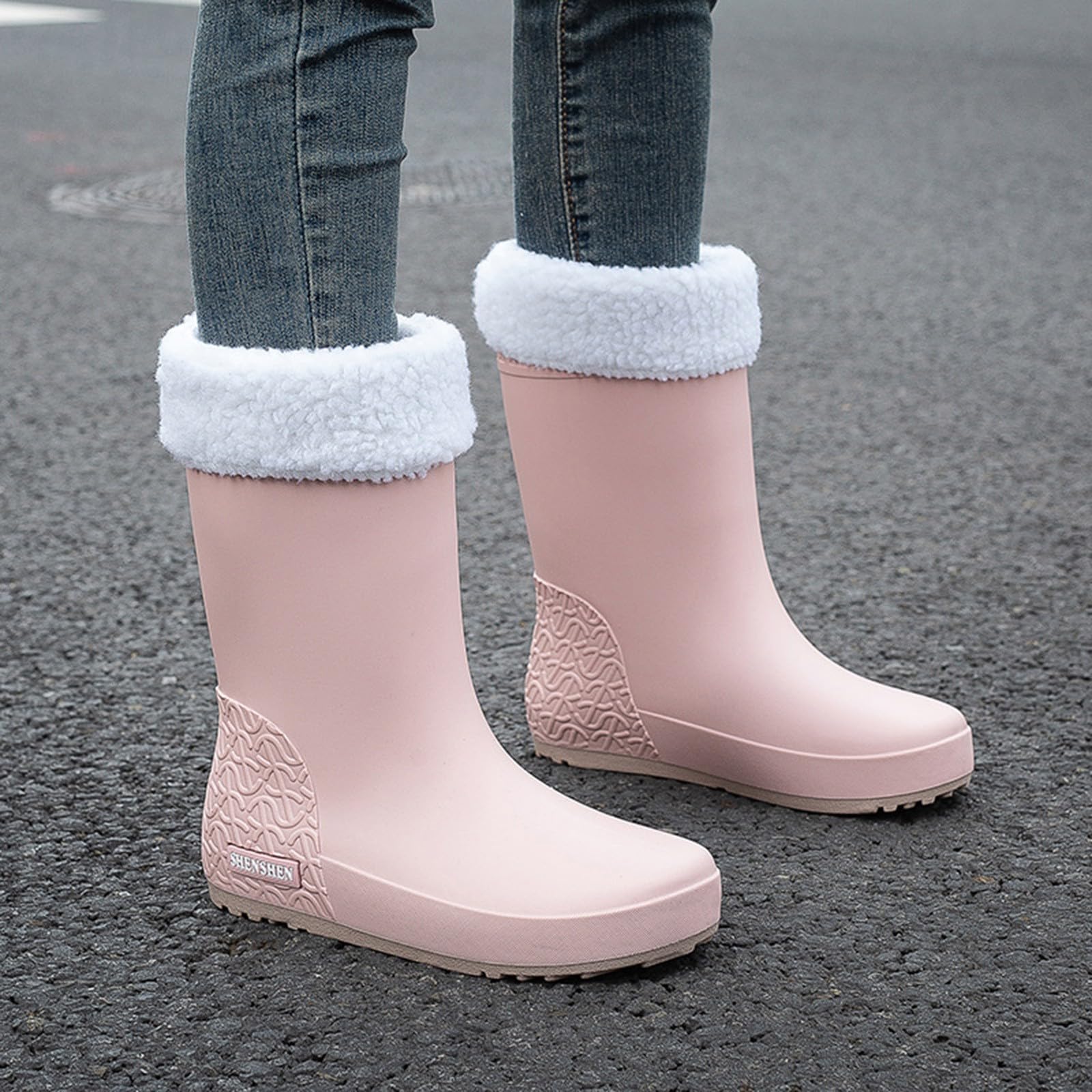 Clearance UK - Botas de lluvia de media pantorrilla para mujer, forro polar cálido, botas de agua impermeables al tobillo, botas de agua para invierno, nieve y clima frío, Pink, 39 EU