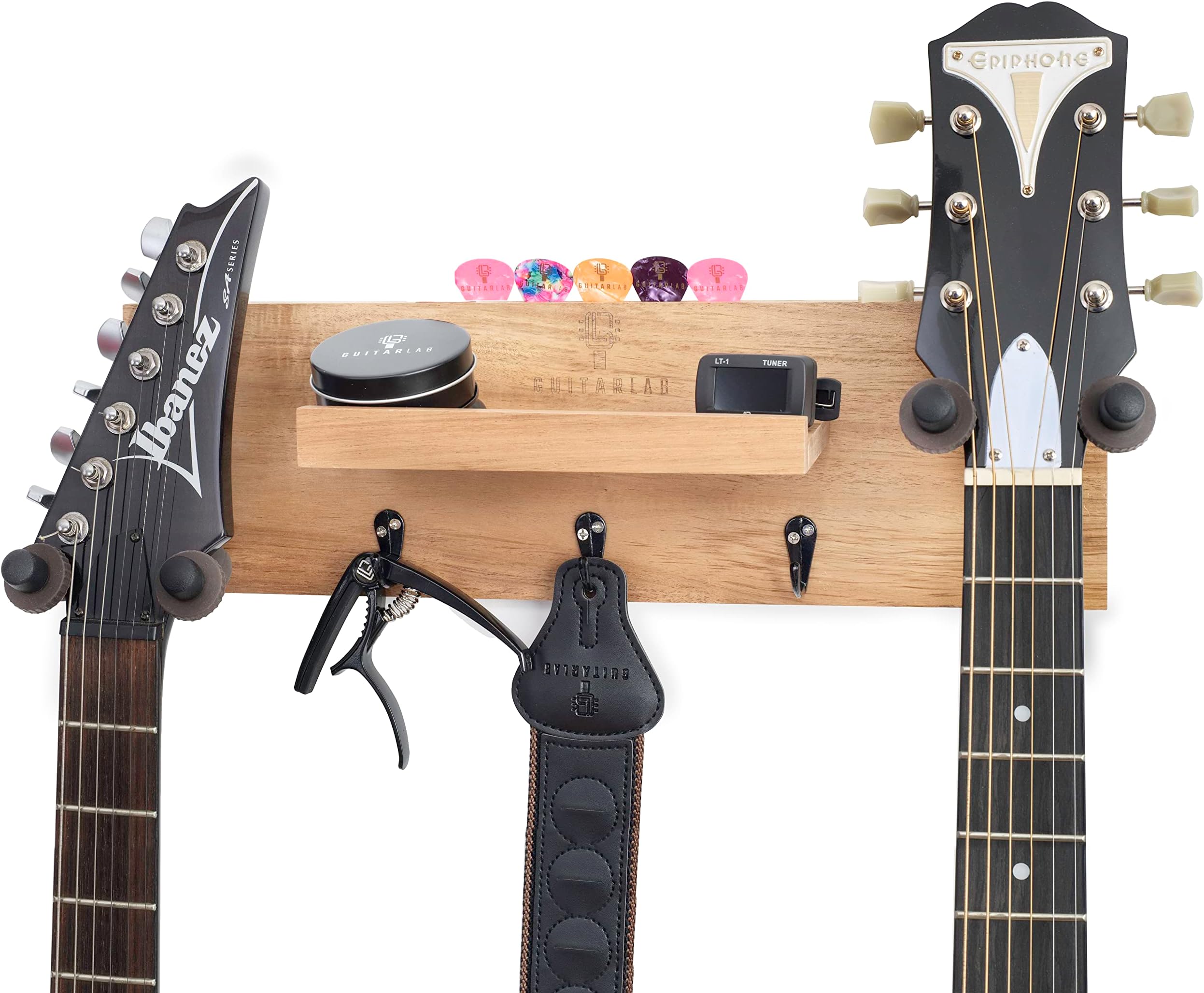 Guitar LabGuitar Wall Mount, Father's Day Gifts, Guitar Holder for Wall - Bass & Electric Guitar Hanger, Double Guitar Wall Mount with Shelf, Easy Install - Electric Acoustic Guitar Accessories