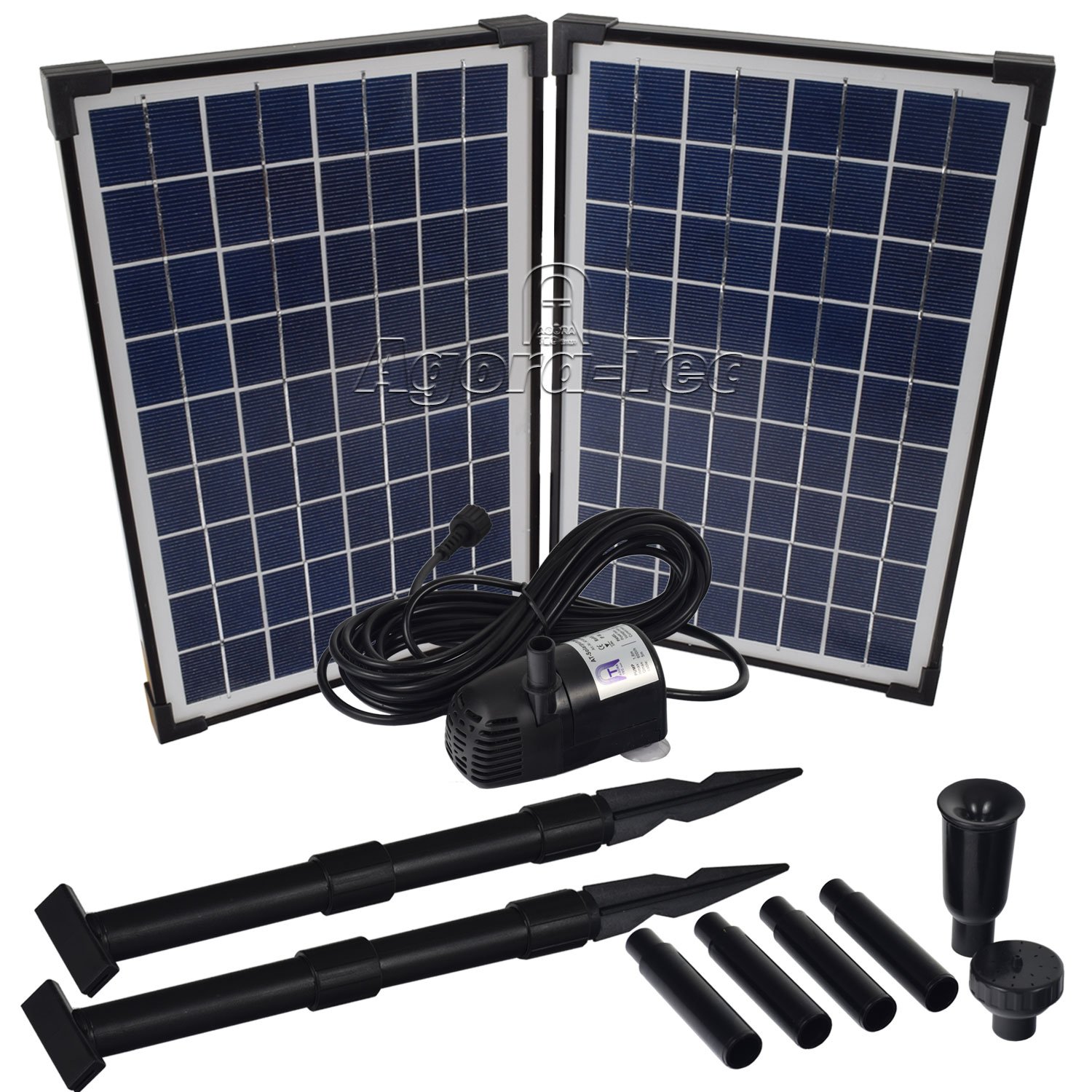 Agora-Tec® Solar Teichpumpe Set 20W | Ohne Akku | 1360l/h Fördermenge | 2,10m Fontainenhöhe | Gartenteich & Springbrunnen | monokristallin