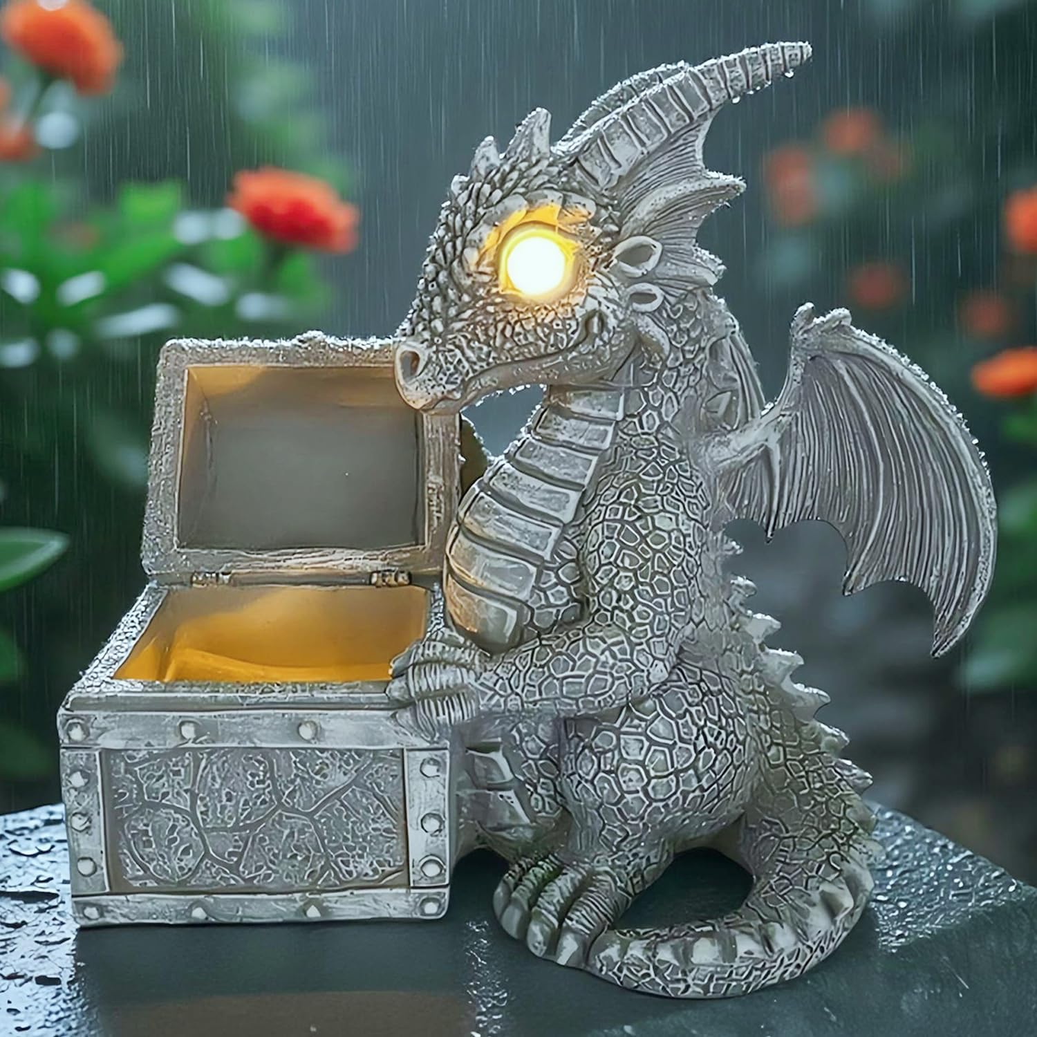 Solar Dragon Statue Outdoor Garden Decor, Weatherproof & Auto-On/Off Dragon Solar Light,Resin Dragon Garden Statue,Funny Dragon Figurine for Lawn Patio Yard Decoration (Dragon Guarding Treasure Chest)