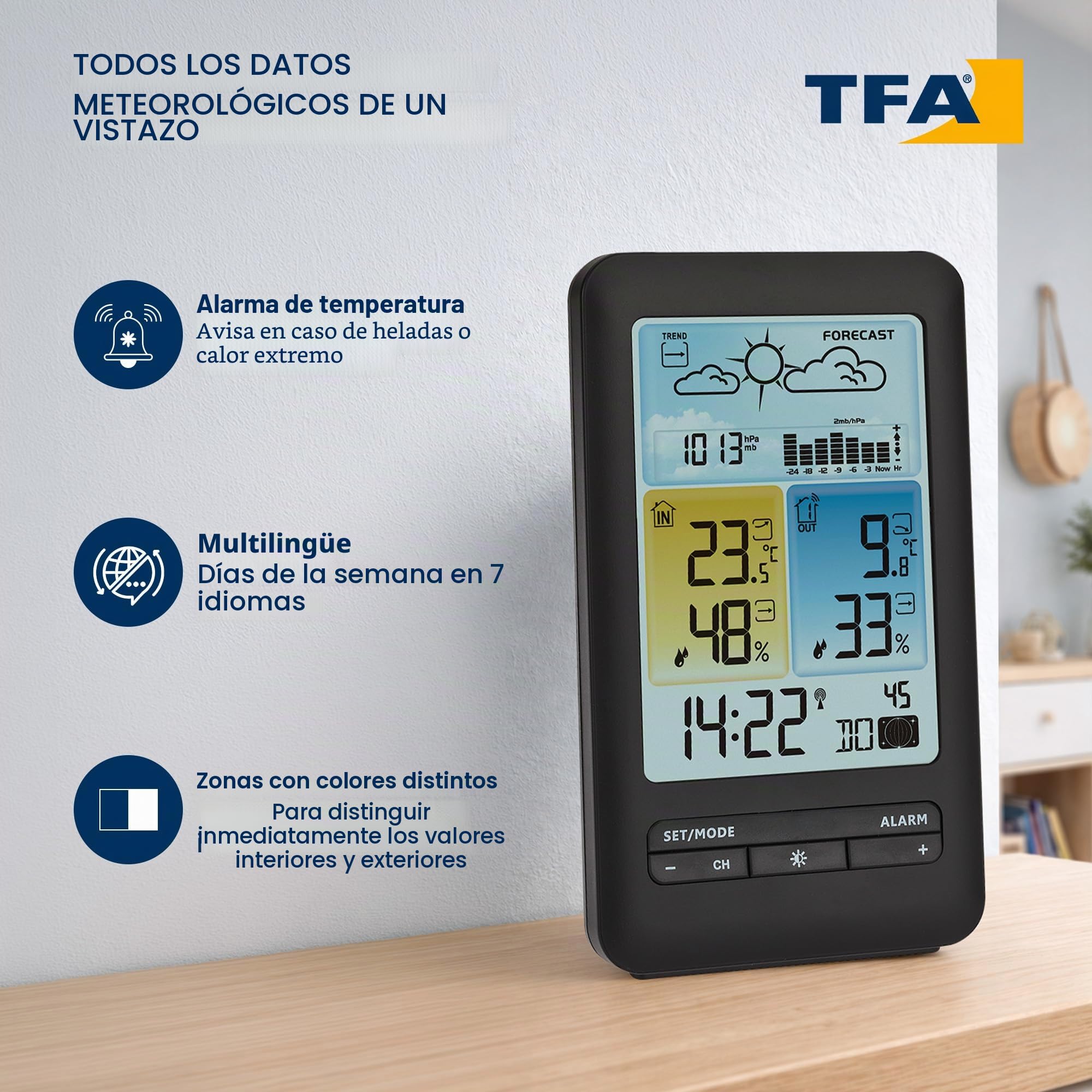 TFA Dostmann Estación meteorológica inalámbrica 35.1165.01, pronóstico y símbolos, presión con gráficos, fase lunar, max/min, exclusiva en Amazon, negro