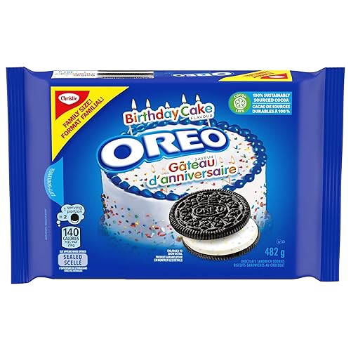 OREO Birthday Cake Chocolate Sandwich Cookies, Family Size, 482 g, Baked in Canada