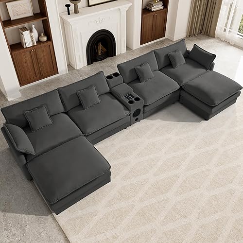 Cloud Couch Sectional Modular Sofa,162.6" Comfy U Shape Sectional Couches for Living Room, Large Velvet Deep Cloud Sofa with Console Bluetooth Speaker USB Ports Ottoman, Grey