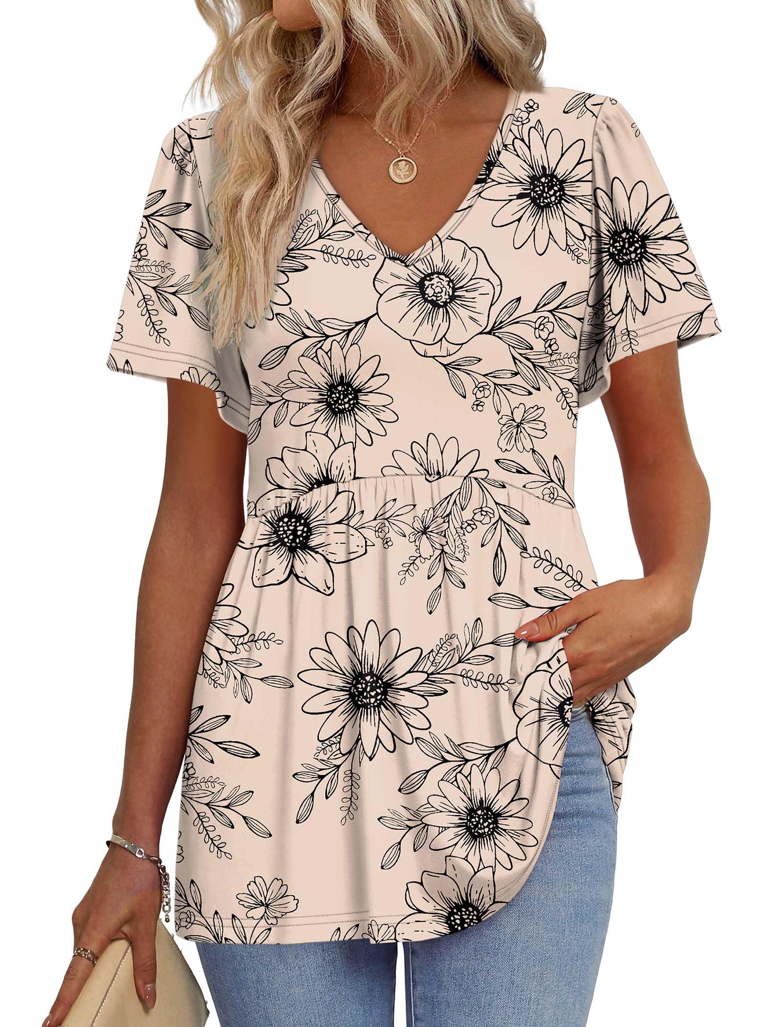 OFEEFAN Womens Summer Tops Babydoll Short Sleeve Shirts Puff Sleeve Peplum Tops V Neck T Shirts
