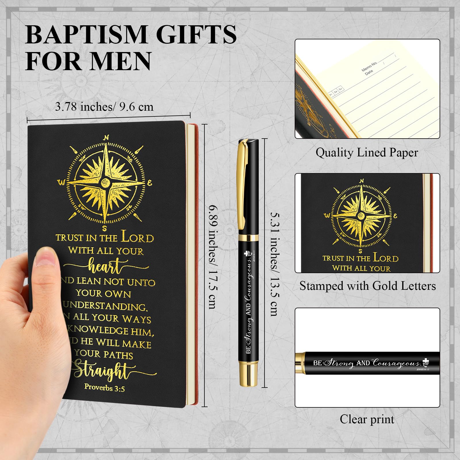 Fuyoooo 4 Pcs Christian Graduation Gifts Baptism Gift for Men Bible Journal Religious Engraved Compass Bible Pen for First Communion Father's Day