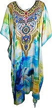 Mogul Interior Womens Caftan Maxi Dress Jewel Print Blue,Boho Beach Kaftan 3XL