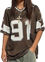 SHENHE Women's Graphic Football Jersey V-Neck Short Sleeve Loose Fit T-Shirt Streetwear Top