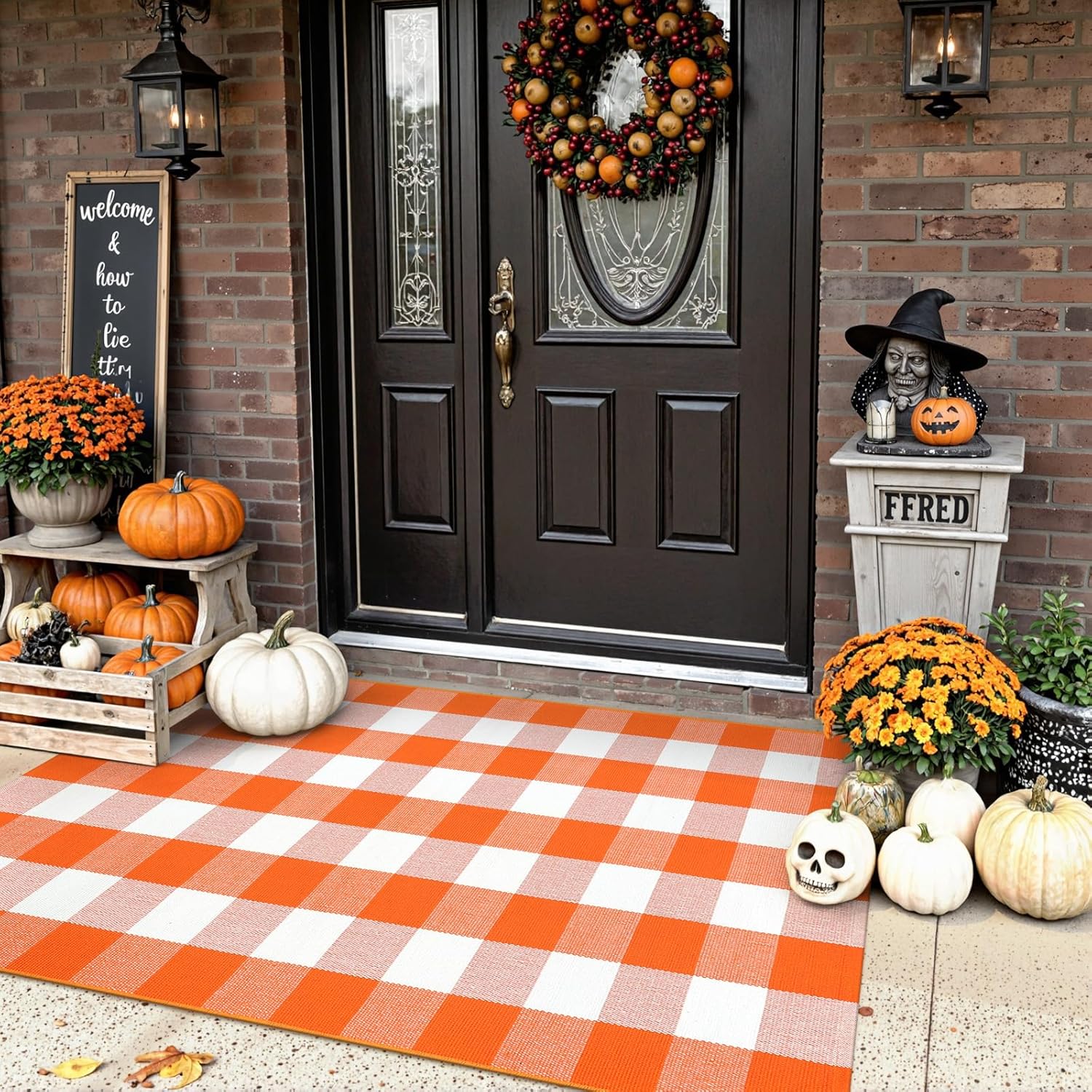 Uphome Bufflo Plaid Outdoor Rug 3'x5', Fall Decor Checkered Front Door Mat, Indoor Outdoor Farmhouse Porch Rug for Layered Door Mats, Washable Halloween White/Orange Area Rugs for Patio Entryway