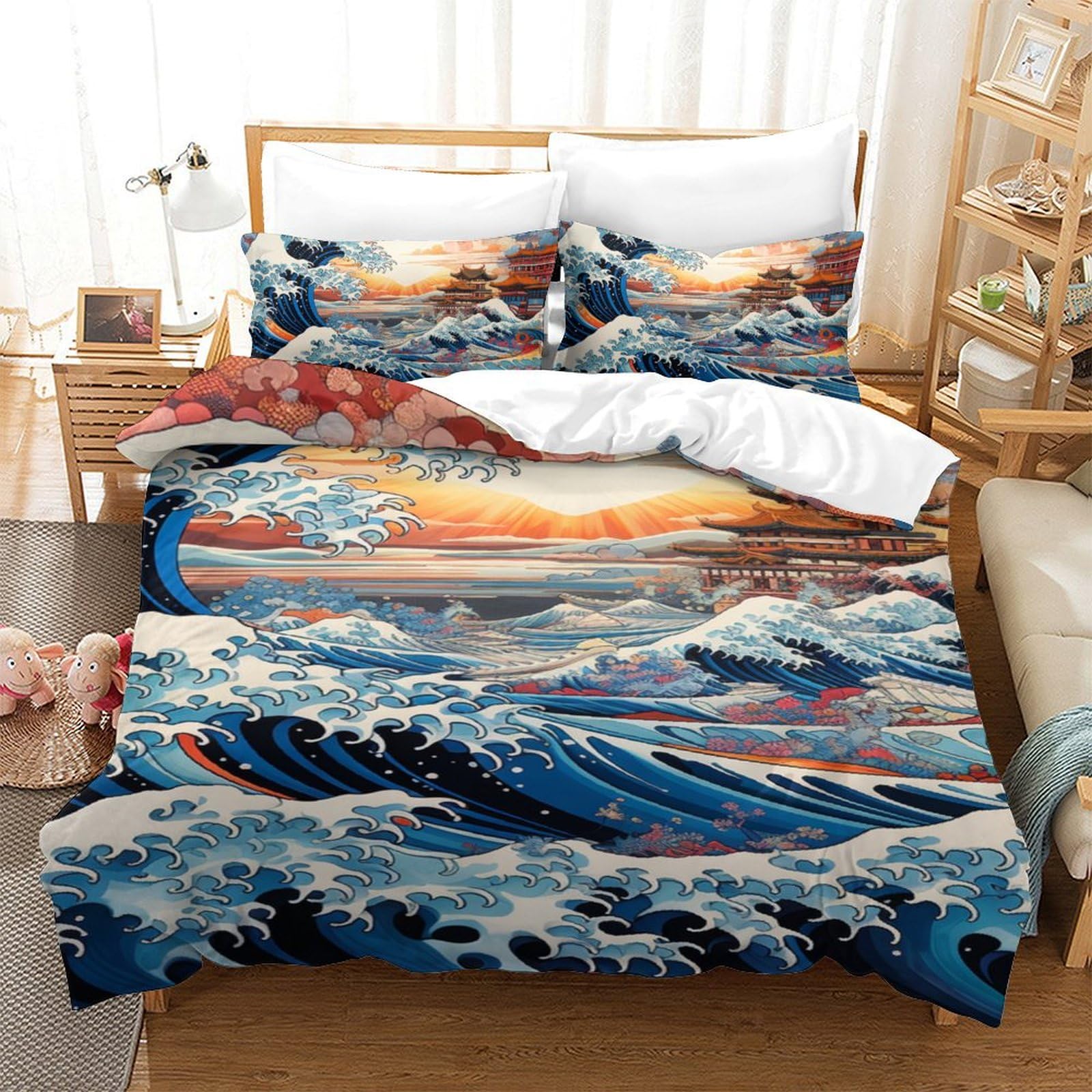 Parure Les Vagues de la mer housse de couette single 140x200cm zippée pour lit enfant et adulte