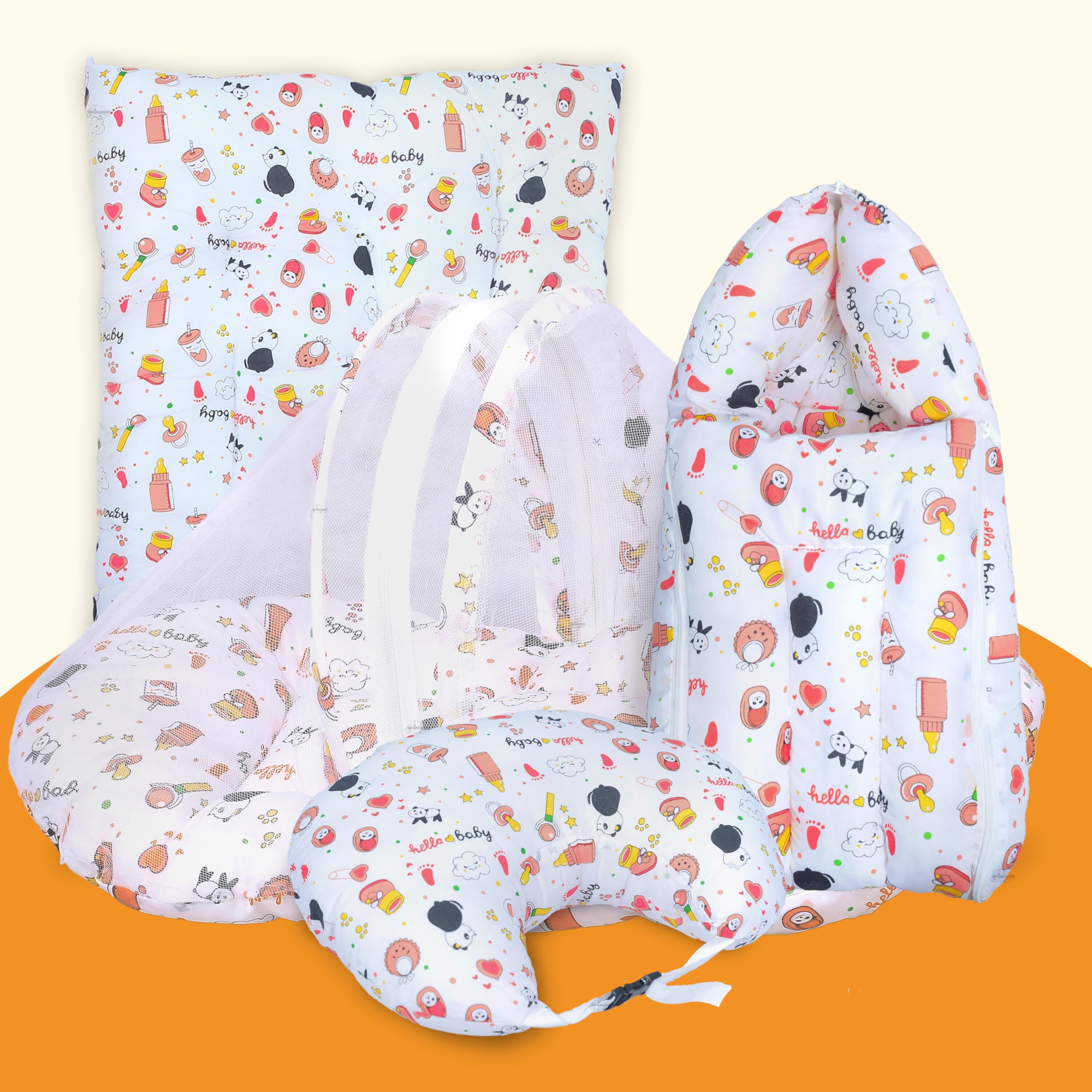 Infans Mini Baby Bedding Set, 4 Pcs Cotton Sleeping Essential|Baby Sleeping Bag|Sleeping Mattress|Mother Nursing Feeding Pillow|Mosquito Net Bed for 0-6 Months (Panda Orange)