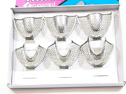 Miniatura 6 de Cynamed - Juego de 6 bandejas de impresión dental alemanas de acero inoxidable, 6 unidades, pequeñas, medianas, grandes, superiores e inferiores,