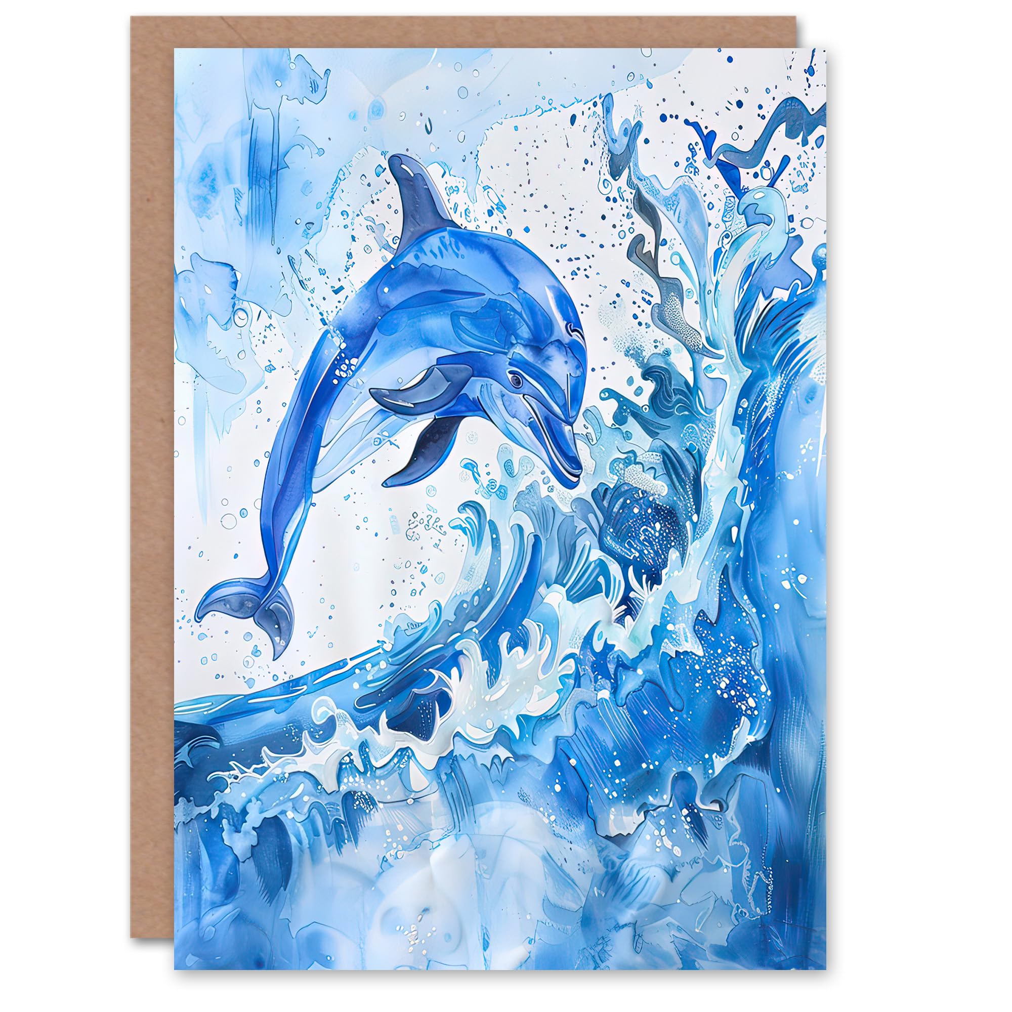 Artery8 Greeting Card - Dolphin in Ocean Waves - Blue
