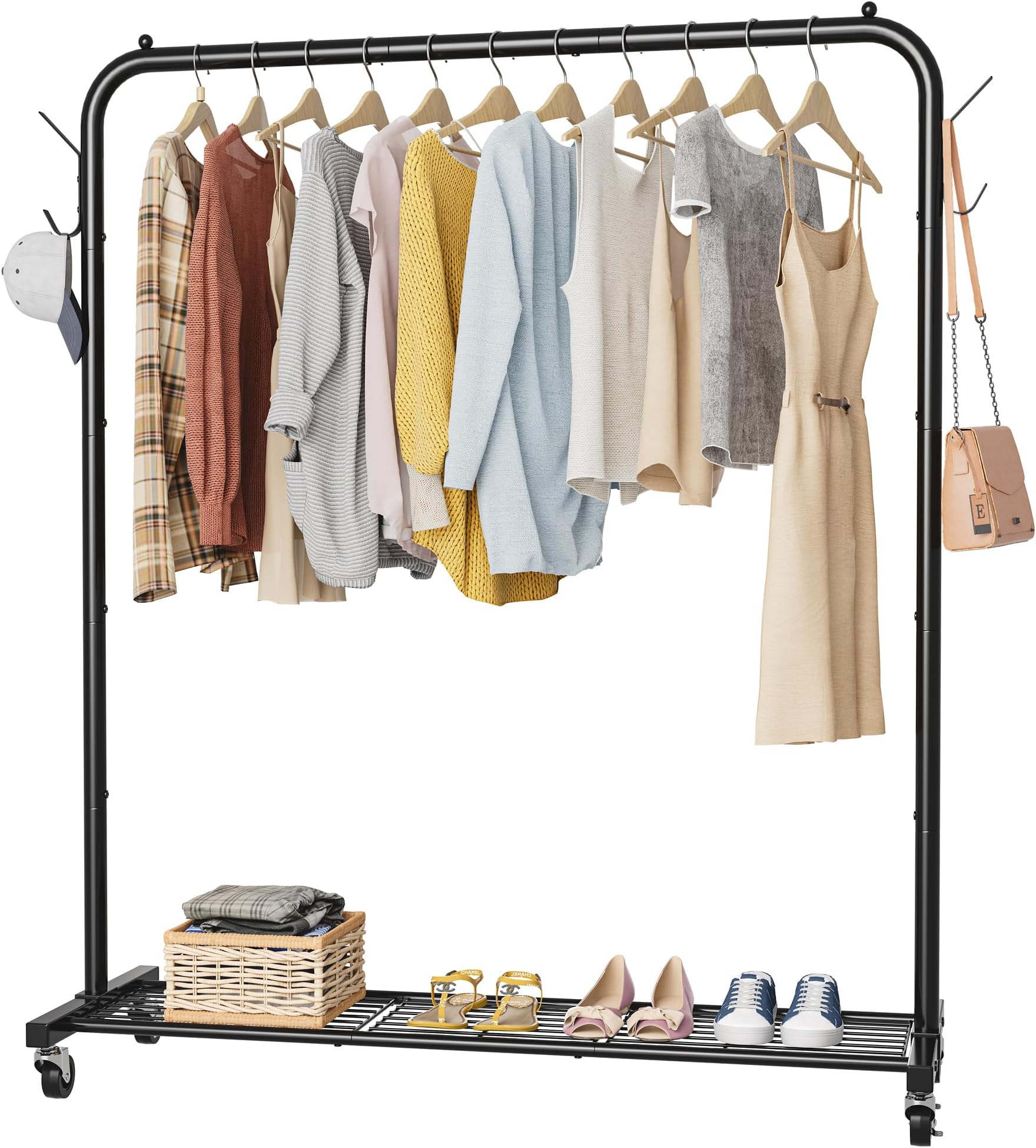 Clothes Rail, Portable Clothes Rack with Hook and Metal Storage Shelf, Heavy Duty Clothes Rail on Wheels, Clothing Rail Clothes Rails for Bedroom, Hanging Rails for Clothes, Holds up to 40 kg, Black