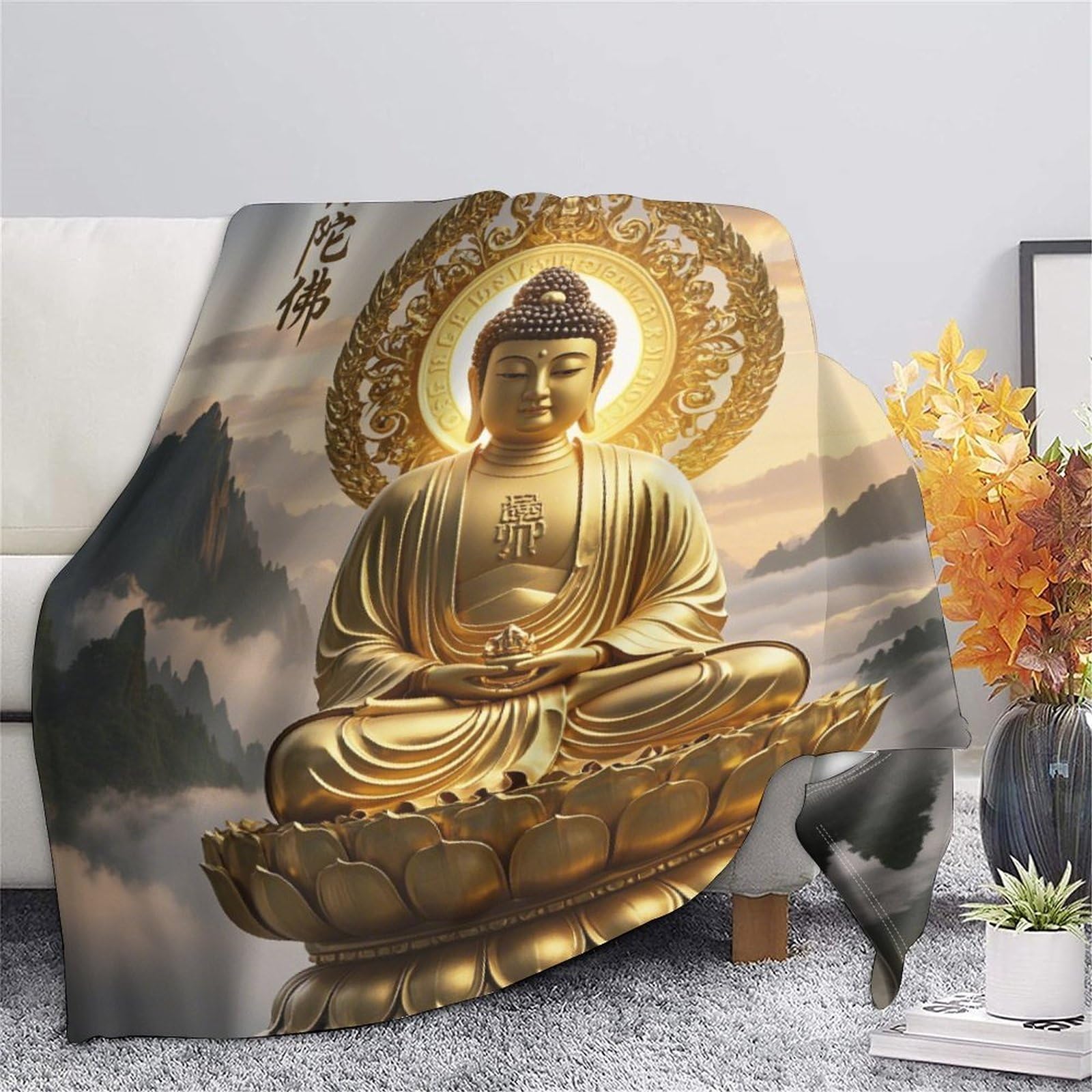 Statuetka Buddy, puszysty koc wełniany, 150 x 200 cm, na sofę, koc sakyamuni biały, puszysty, miękki, ciepły koc Sherpa na kanapę, do salonu, na zimę/jesień
