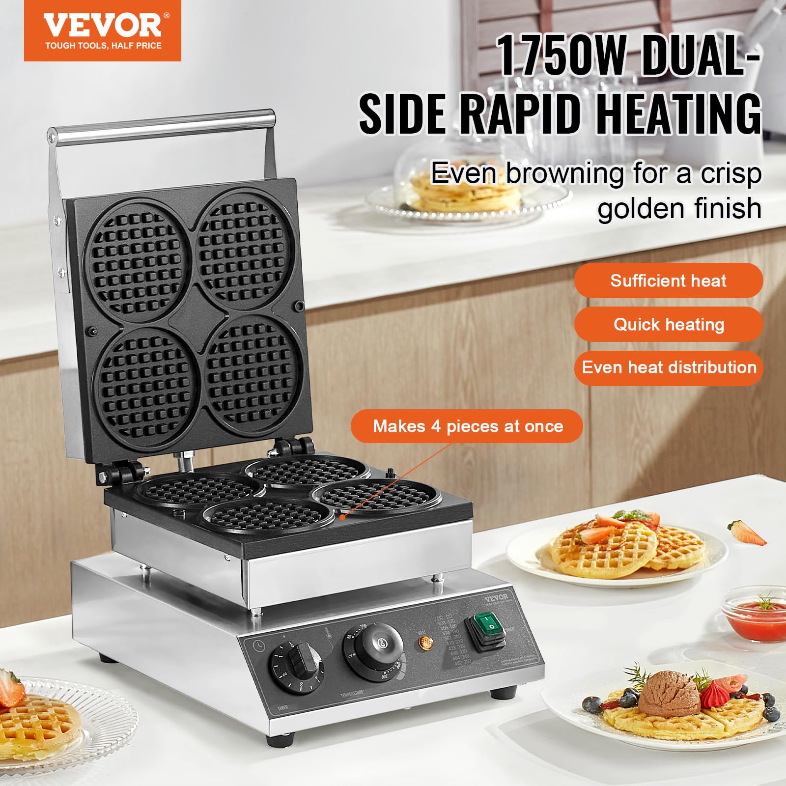 VEVOR kommerzielles Waffeleisen Waffelmaschine 1750 W antihaftbeschichtetes belgisches Waffeleisen aus Edelstahl mit Temperatur- und Zeitregelung, für Restaurant Bäckerei Snackbar 4 runde Waffeln