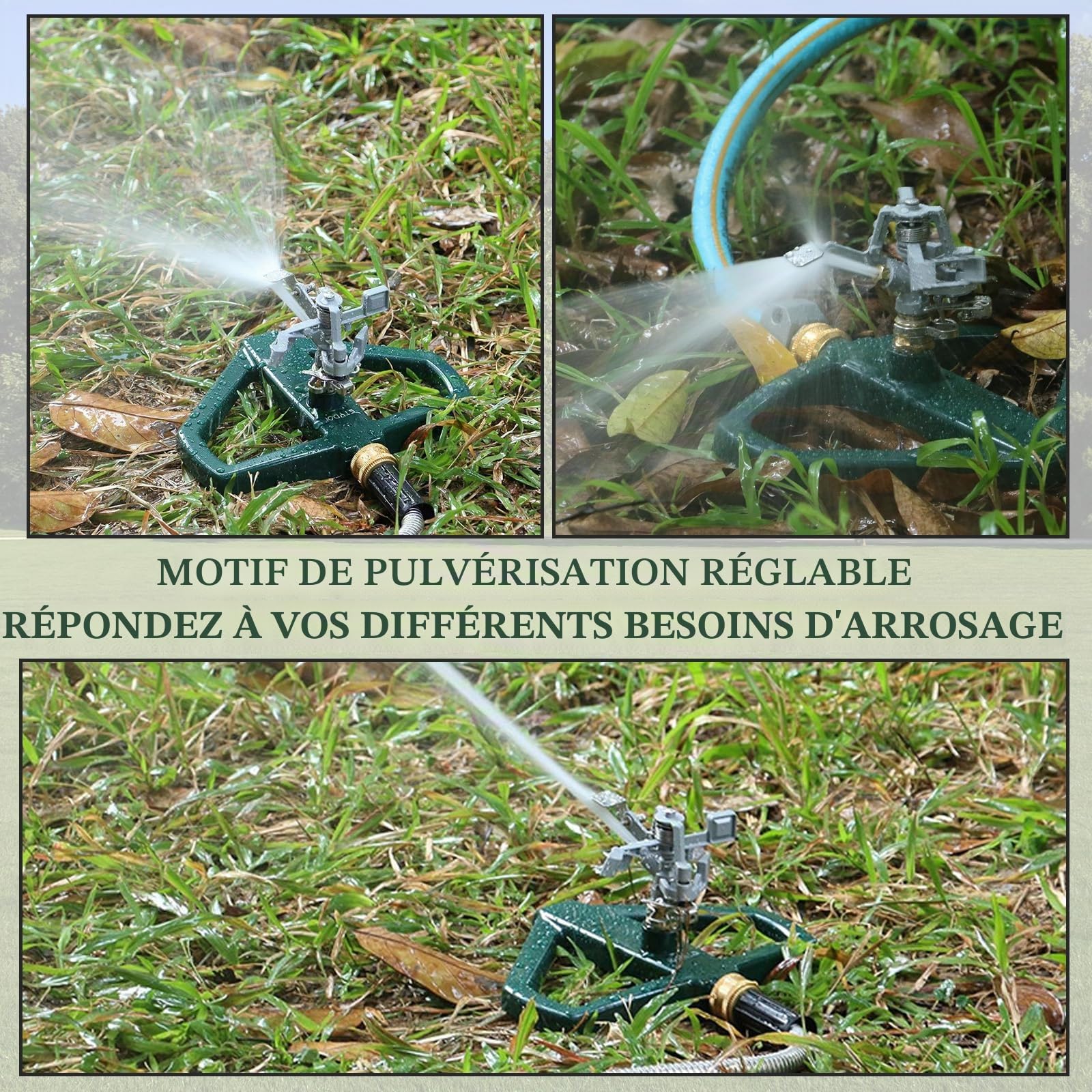 Arroseur Jardin avec Base Métallique, Arroseur Rotatif Automatique à 360°, Arroseur à Impulsions pour Grandes Surfaces, Asperseur Arrosage pour Pelouse, Cour et Arrosage de l'herbe (Argenté)