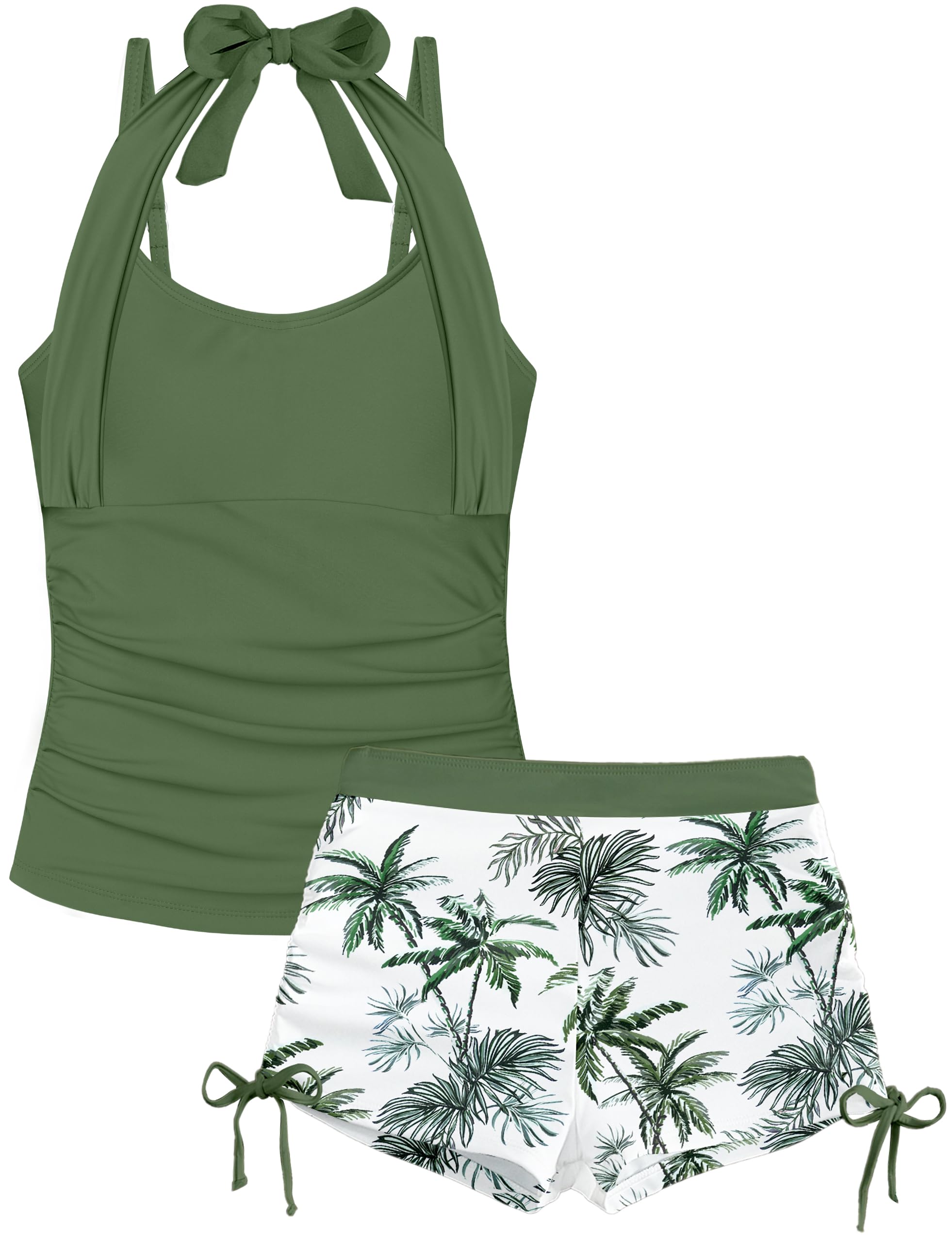 Bathing Suits for Teens 12-14 Tummy Control Girls Tankini Swimsuits for Teens Bathing Suits Halter Swimsuit with Drawstring Printed Shorts Girls 2 Piece Swimsuits Green