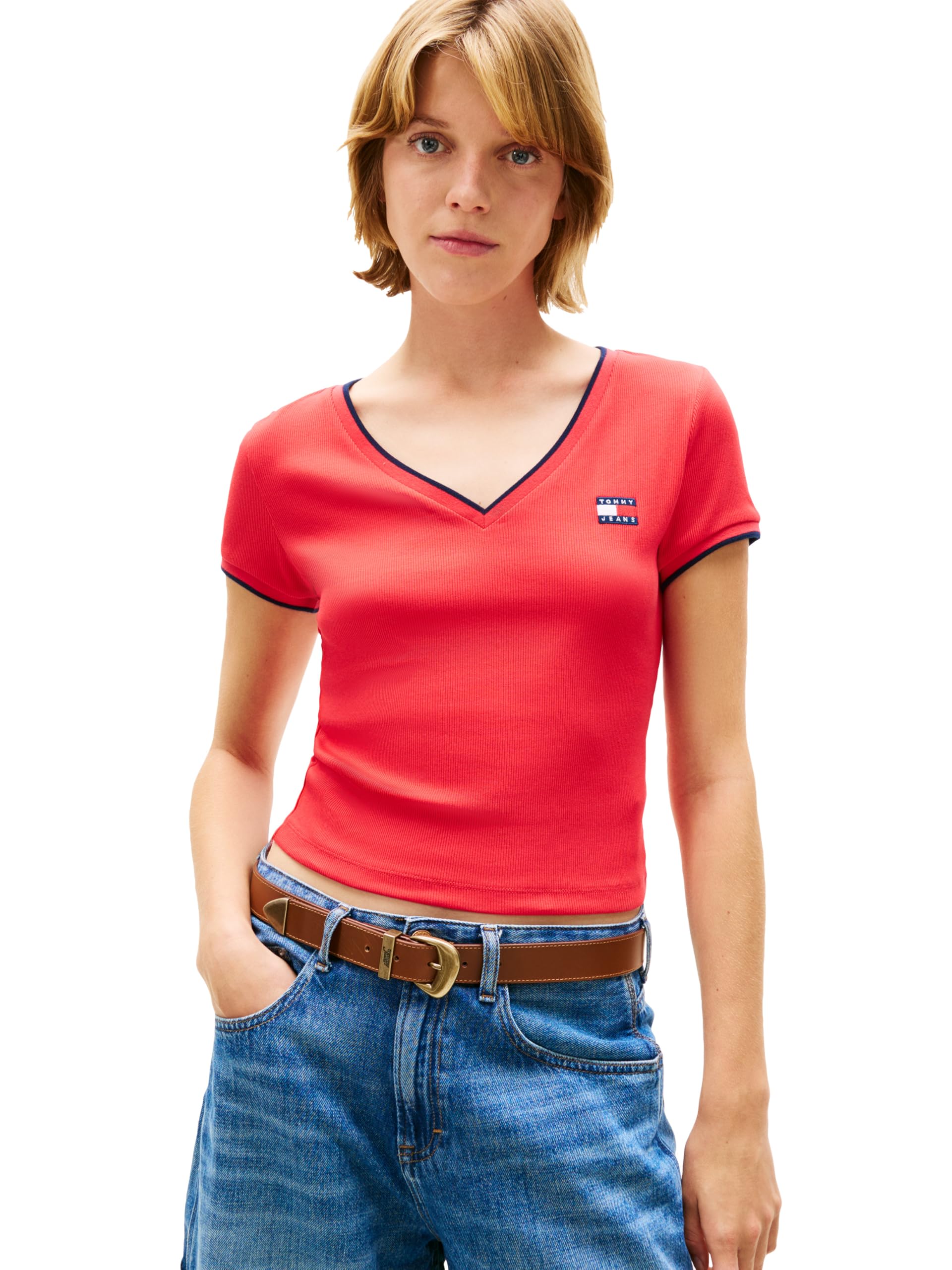 Women's Short Sleeve Cotton Graphic V-Neck Ribbed T-Shirt in Slim Fit