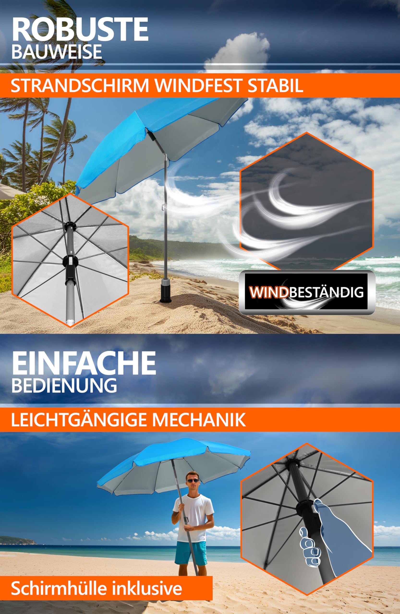 4smile Sonnenschirm Strand SunnyJoy, Blau - UPF 50+ Strandschirm Ø 200 cm, sicherer Sonnenschutz Strand, Strandschirm windfest stabil - Sonnenschirm mit Schutzhülle