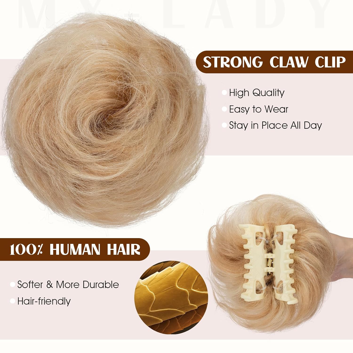 MY-LADY Claw Clip Messy Bun Hair Pieces Human Hair for Women Real Hairpiece Wavy Scrunchies Tousled Updo Donut Chignon Ponytail Extension Ash Blonde & Bleach Blonde