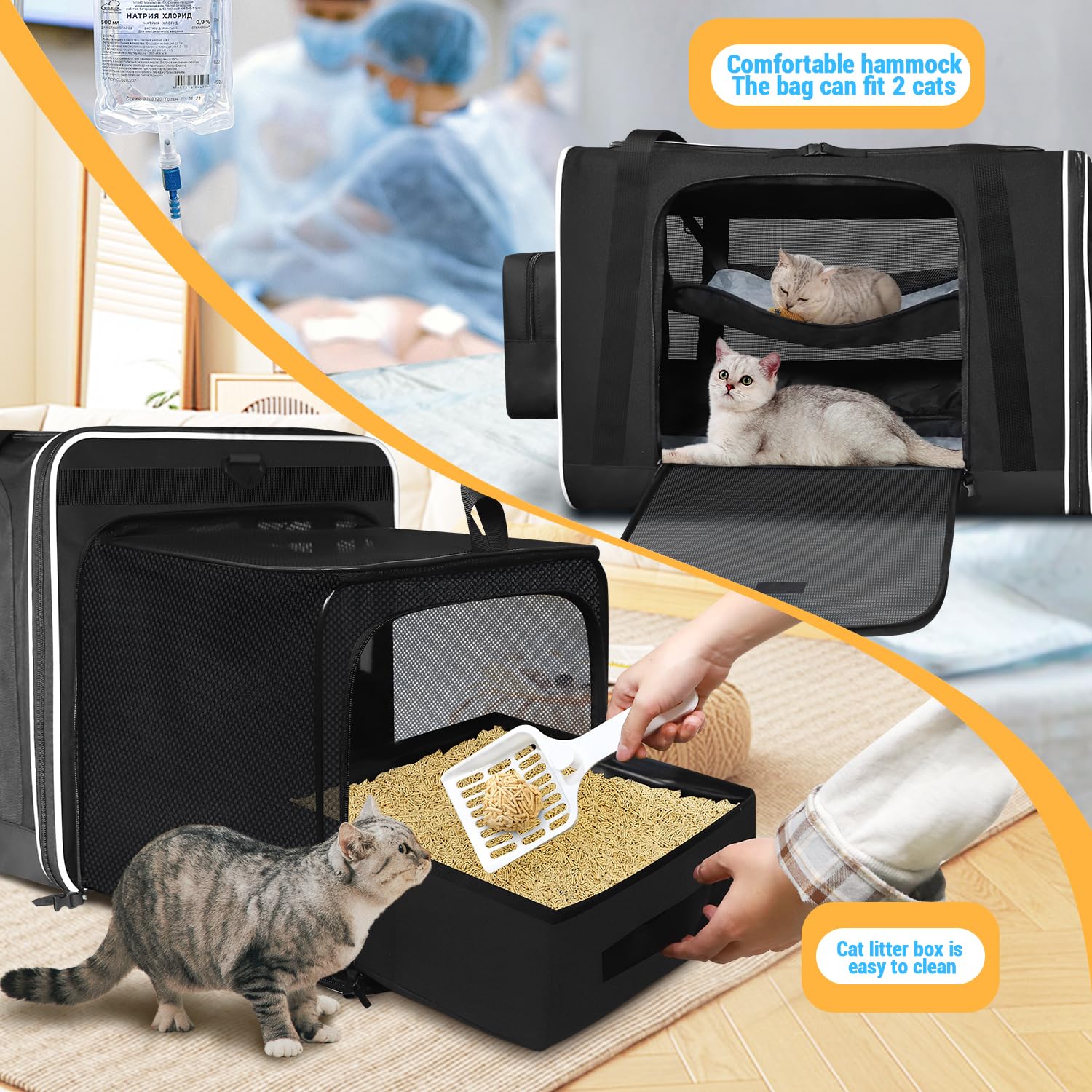 Petskd Große Haustier-Tragetasche, Tiertransporttasche, Tragetaschen für Katzen, 61 x 43,2 x 43,2 cm, für große Katzen, seitliche erweiterte Katzentrage mit Katzentoilette für Autoreisen, Schwarz