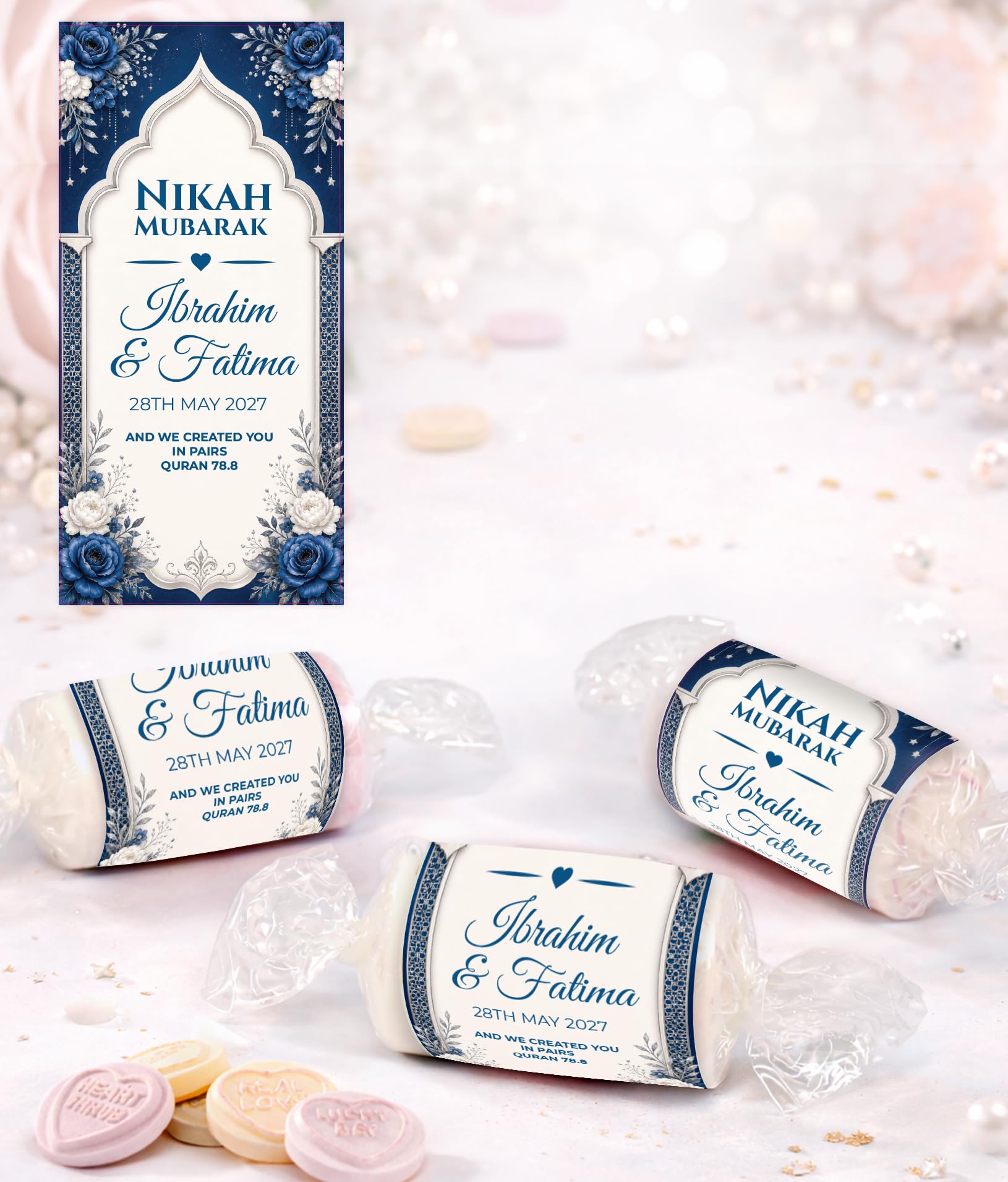 Personalised Nikah Mubarak Wedding Favours Love Hearts Sweets, Custom Wrapped Mini Sweets, Muslim Wedding Favours, Ready Wrapped Table Favours UK Vegan, halal suitable (ph79 Royal Blue Silver)