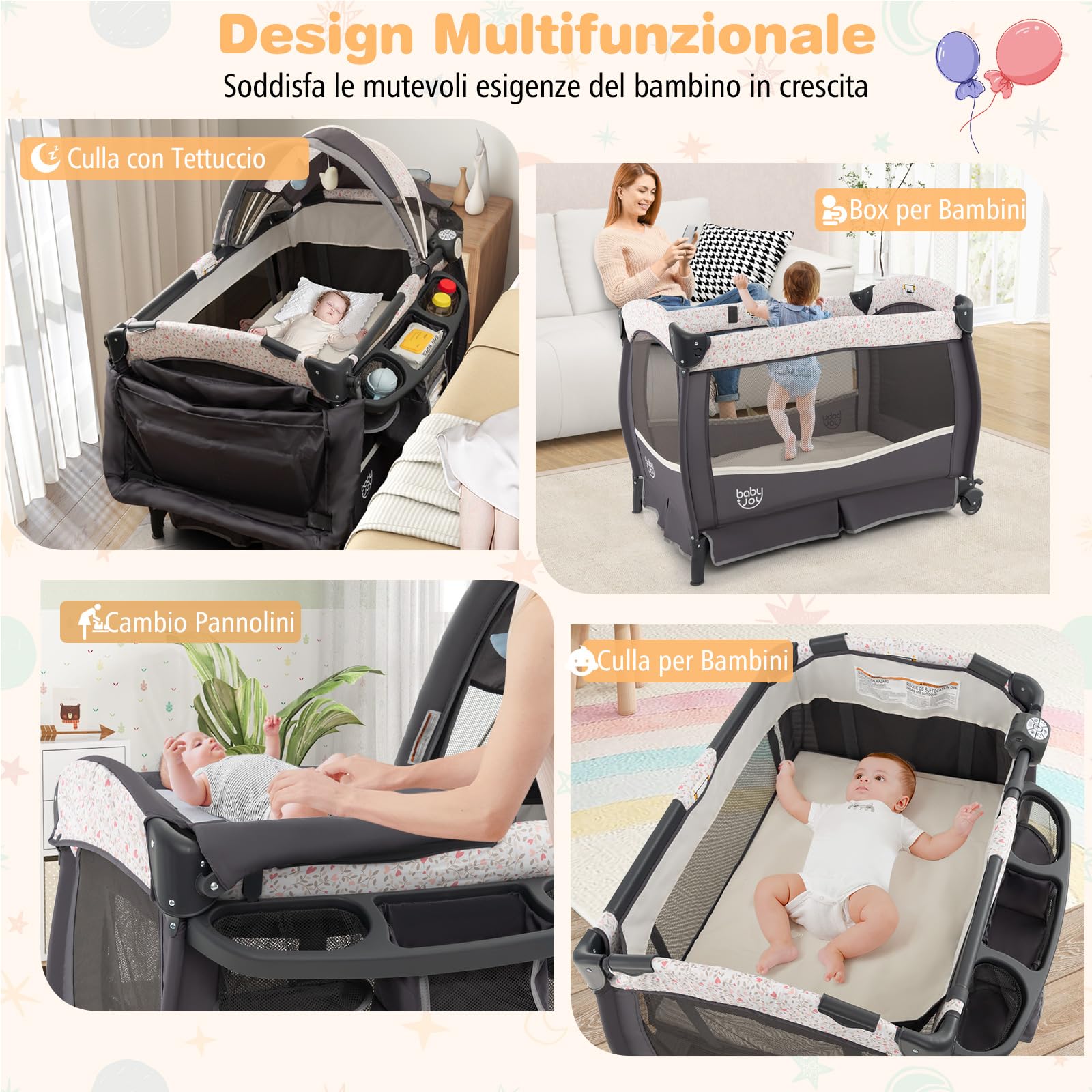 GYMAX Lettino Pieghevole con Baldacchino Regolabile, Box per Bambini 0-3 Anni, Carillon Musicale, Ruote Bloccabili, Lettino da Viaggio con Culla, Fasciatoio, Materasso e Borsa da Trasporto (Marrone)