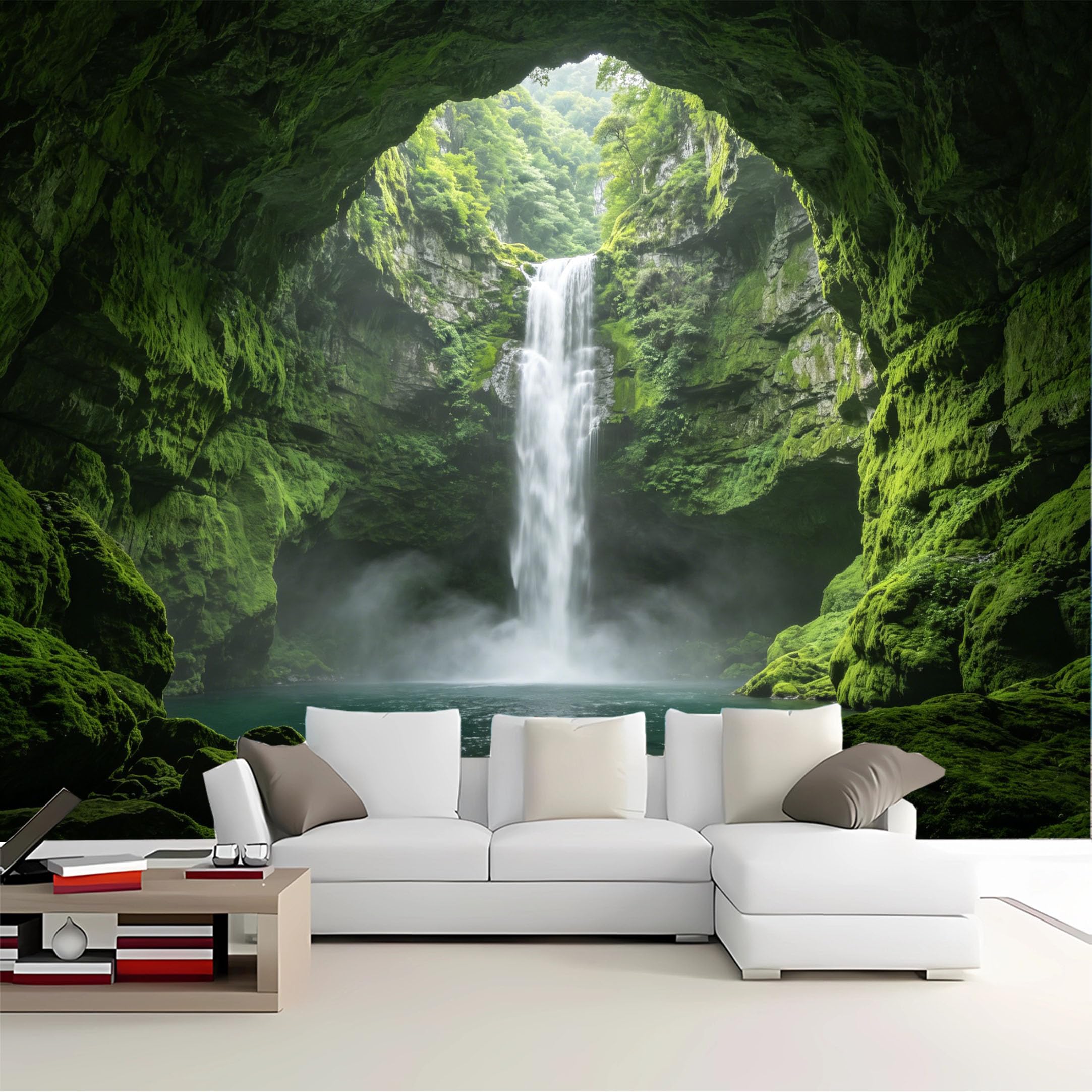 Custom Size Wall Mural Cave View Mossy Waterfall Removable Self Adhesive Peel and Stick Wallpaper for Bedroom Living Room Dining Room